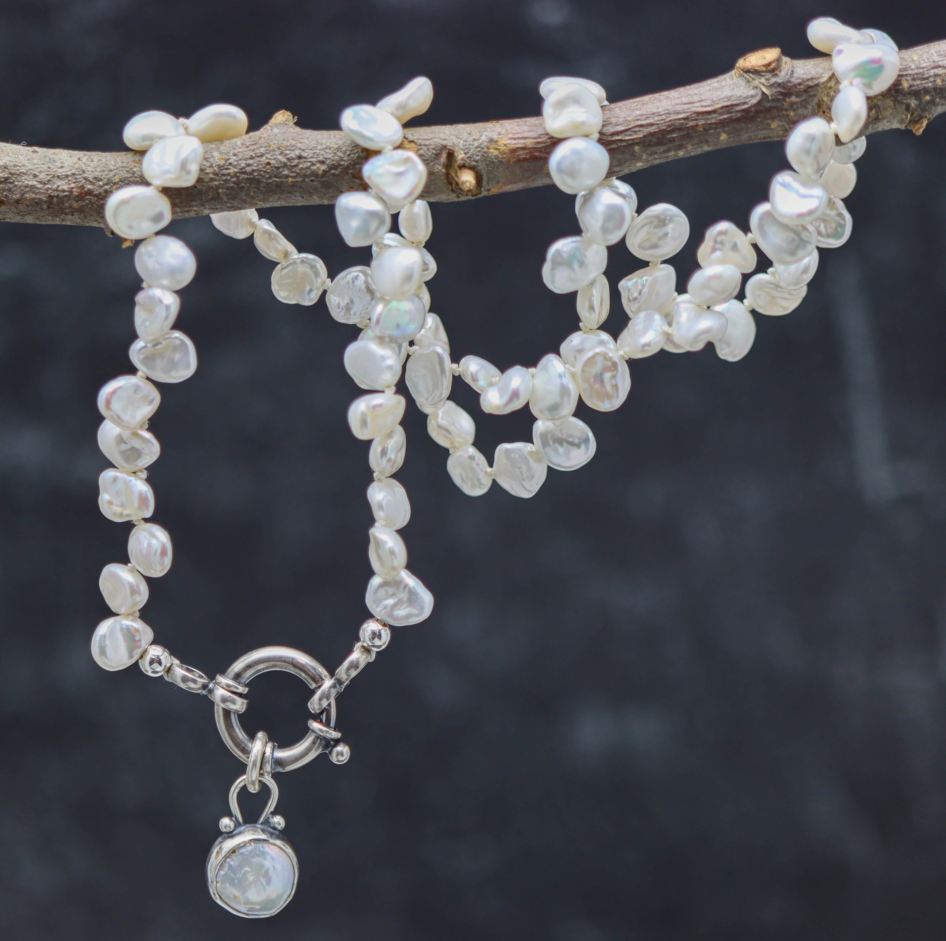 White Freshwater Pearl and Pearl Pendant Hand Knotted Bead Necklace Sterling Silver