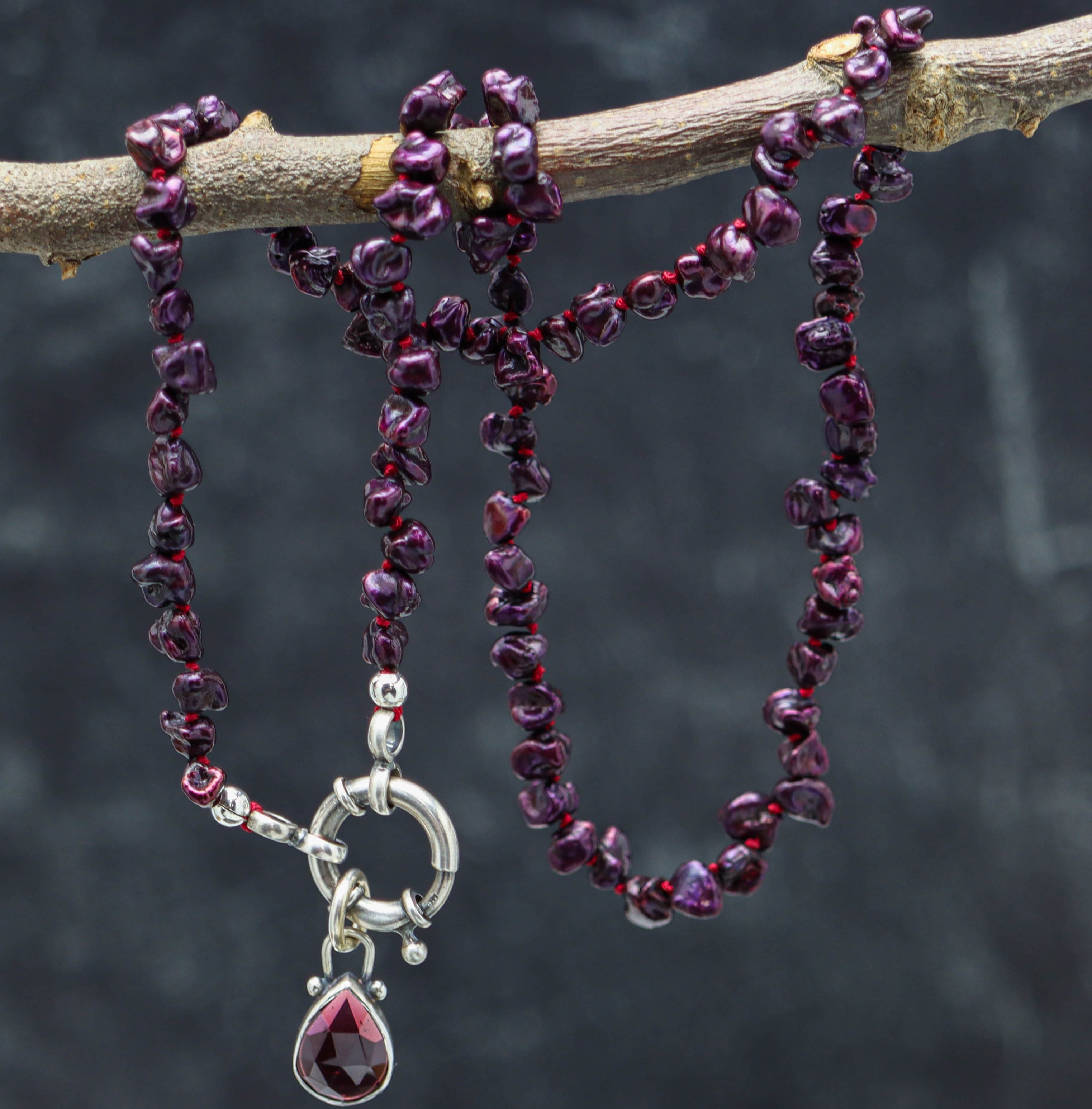 Burgundy Freshwater Pearl and Garnet Pendant Hand Knotted Bead Necklace Sterling Silver