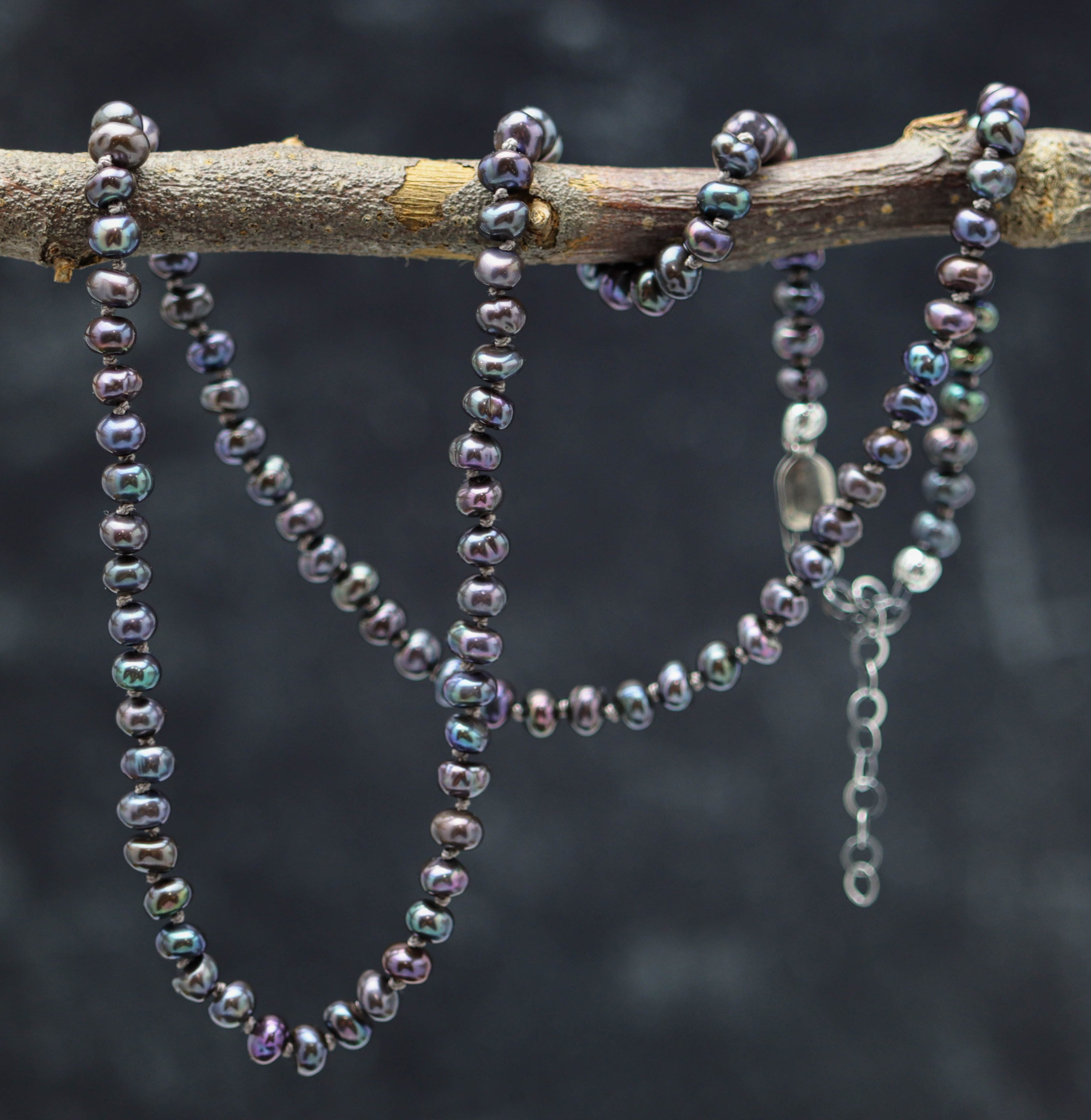 A hand knotted bead necklace featuring peacock grey freshwater pearls, with a sterling silver lobster claw closure and an extension chain.