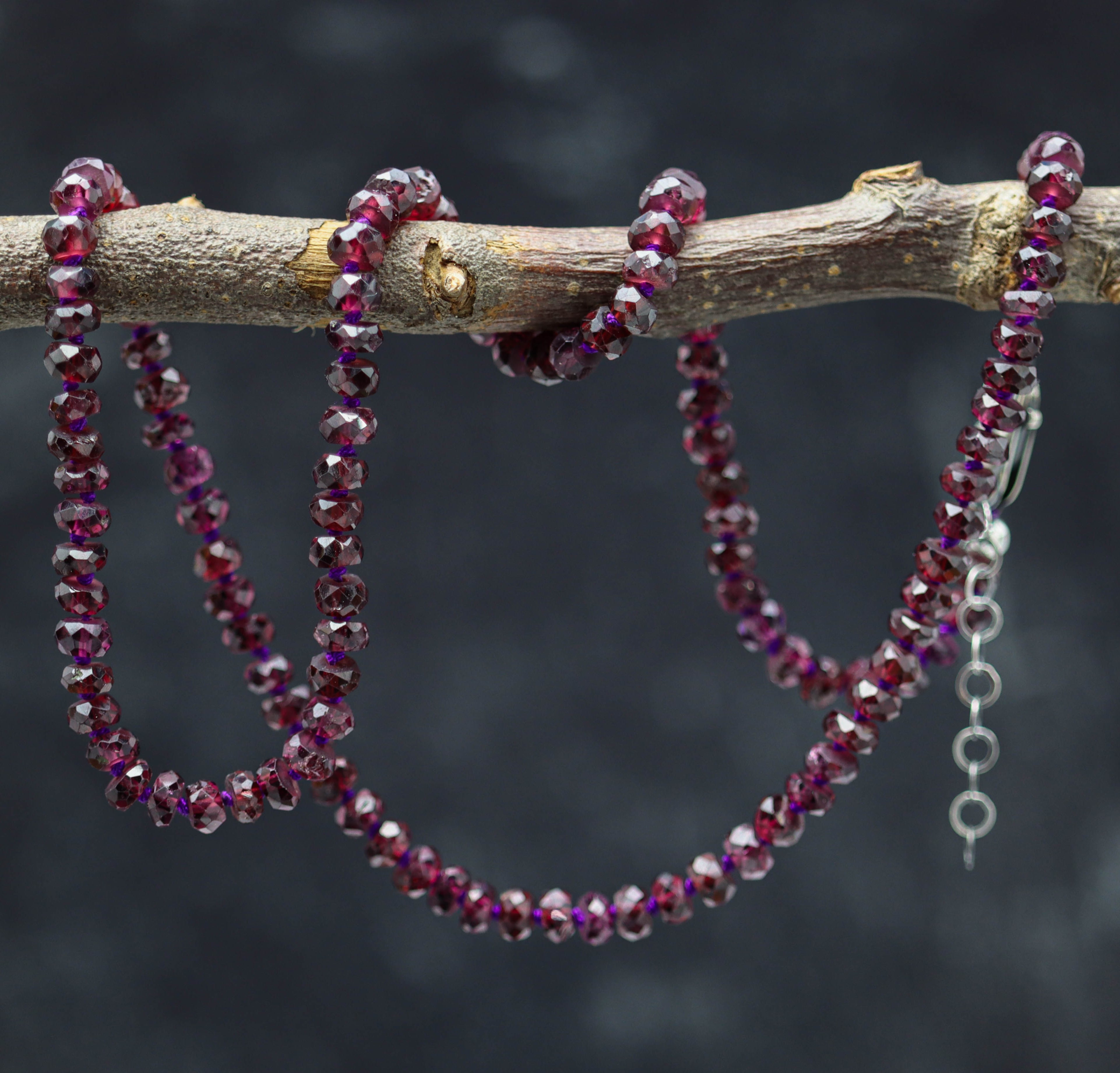Grape Garnet Hand Knotted Bead Necklace Sterling Silver