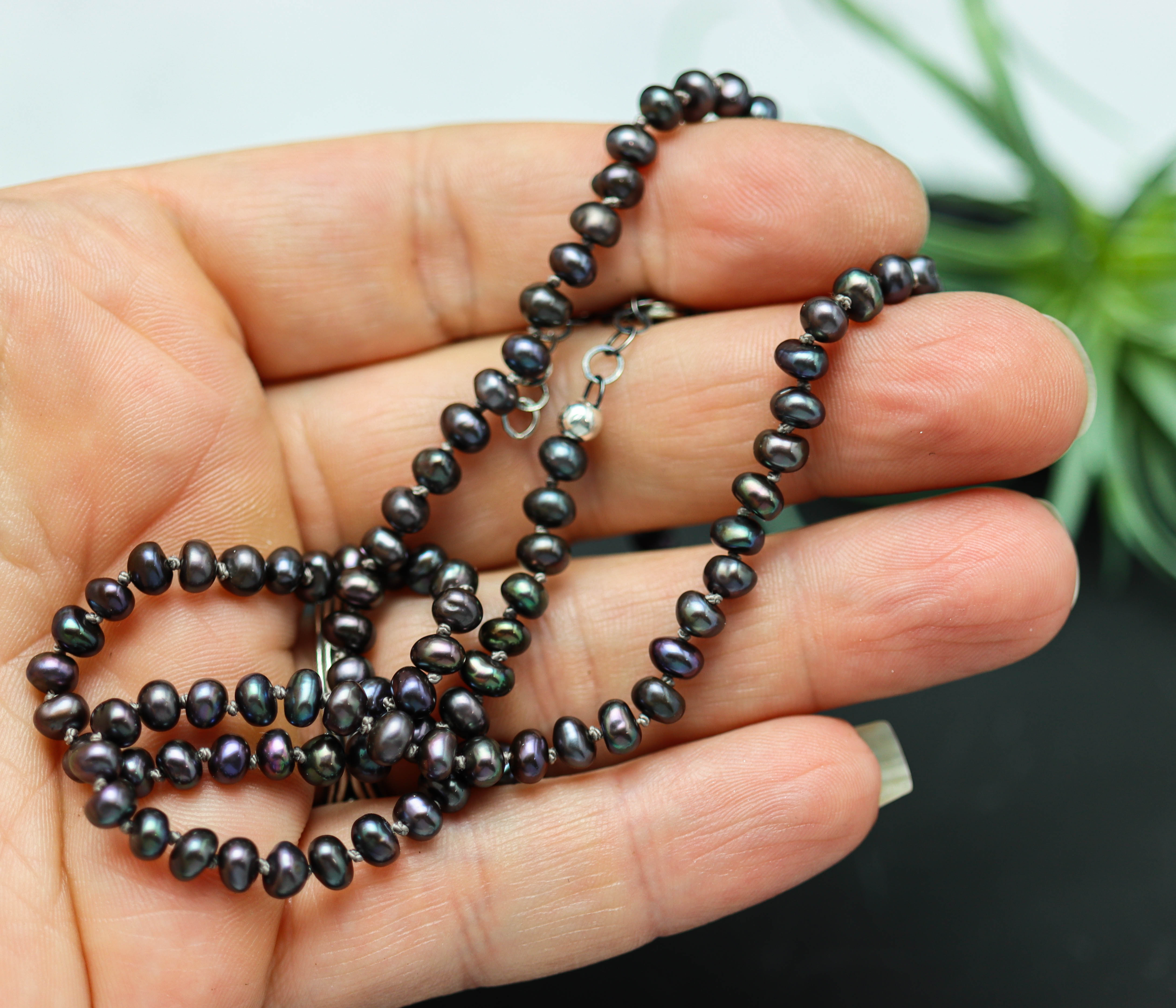 Peacock Pearl Hand Knotted Bead Necklace Sterling Silver