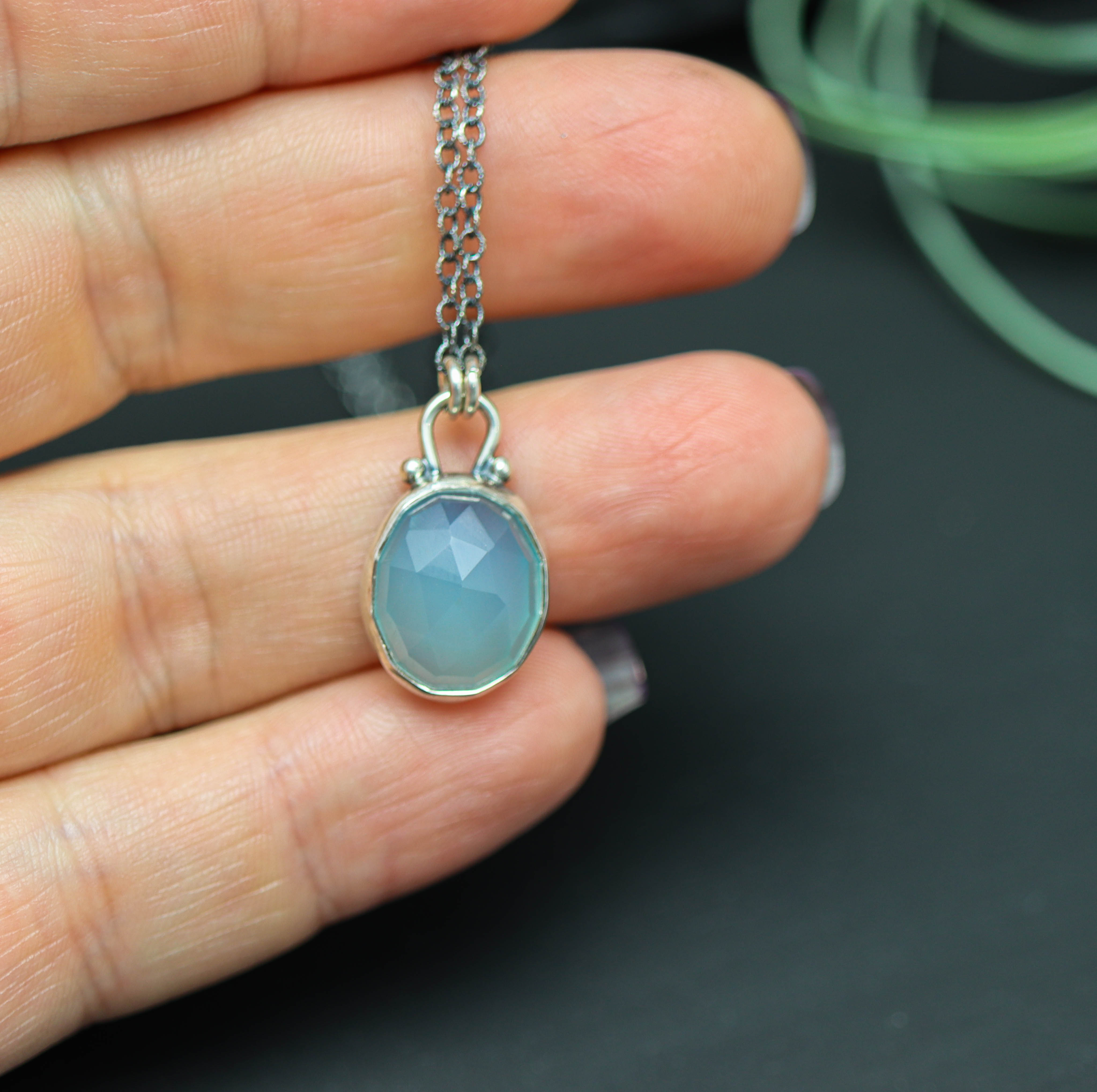 Aqua Chalcedony Petite Pendant Necklace in Sterling Silver