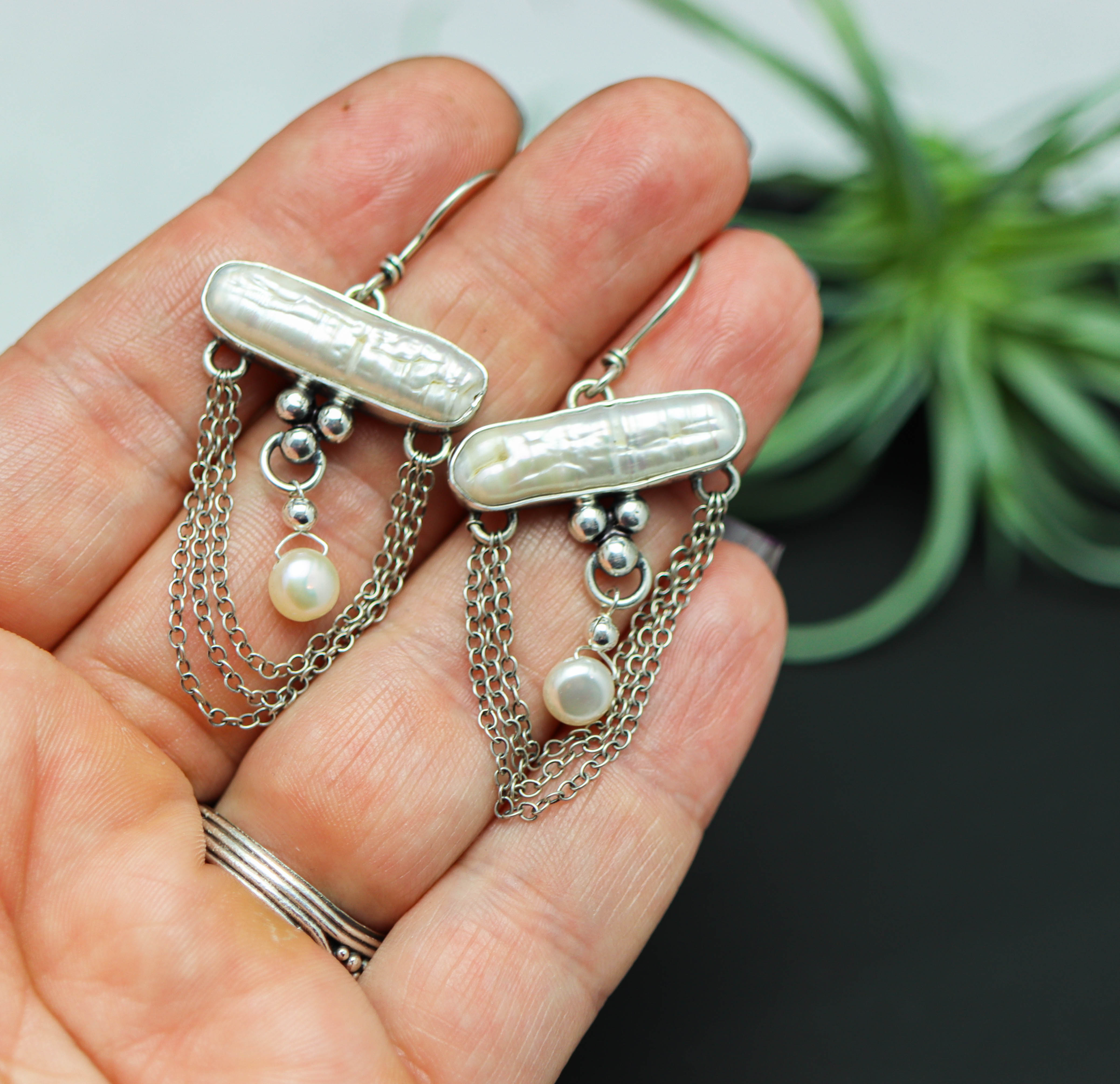 Pearl Dangle Chandelier Earrings Sterling Silver