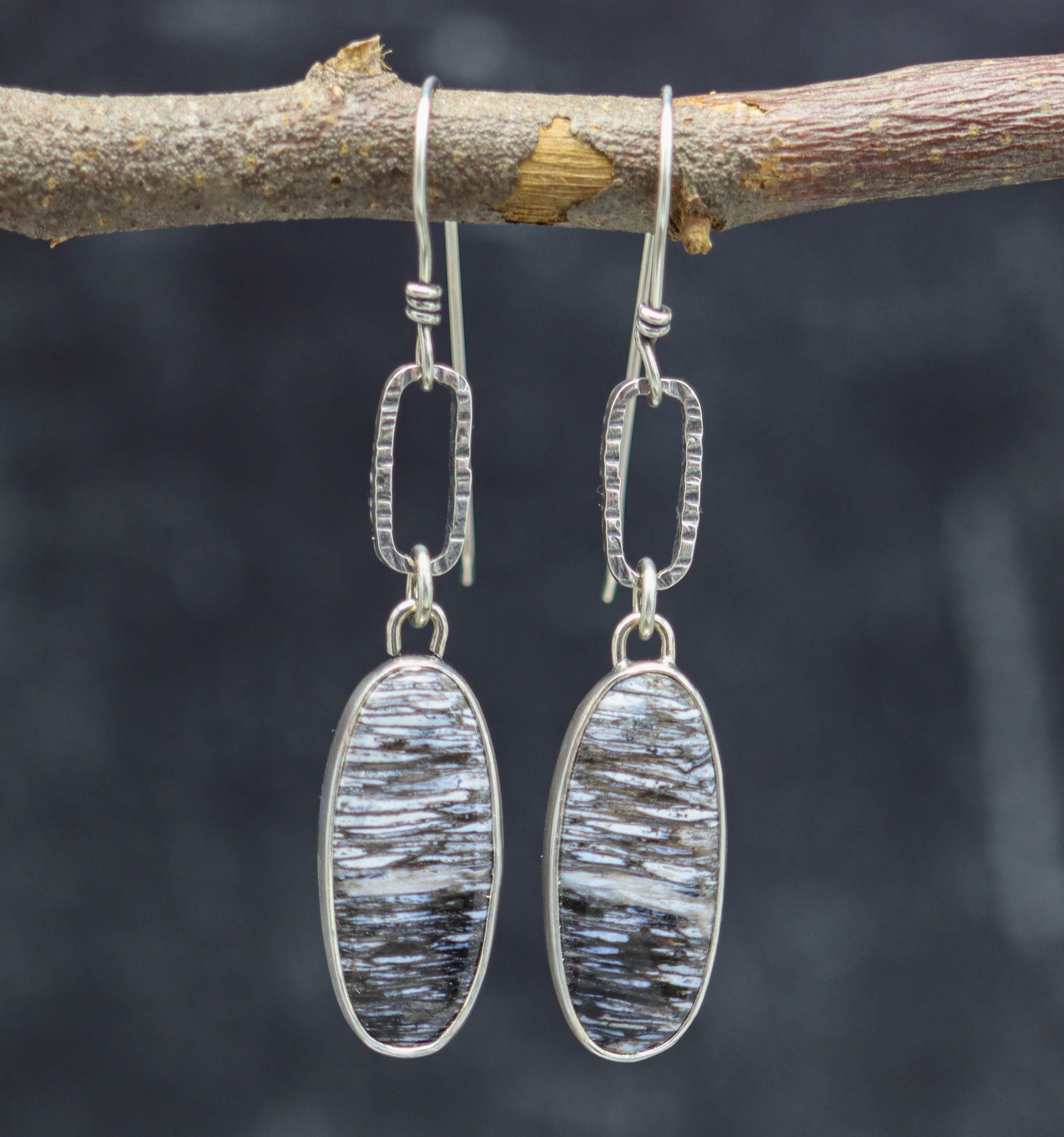 Petrified Palm Wood Dangle Earrings Sterling Silver