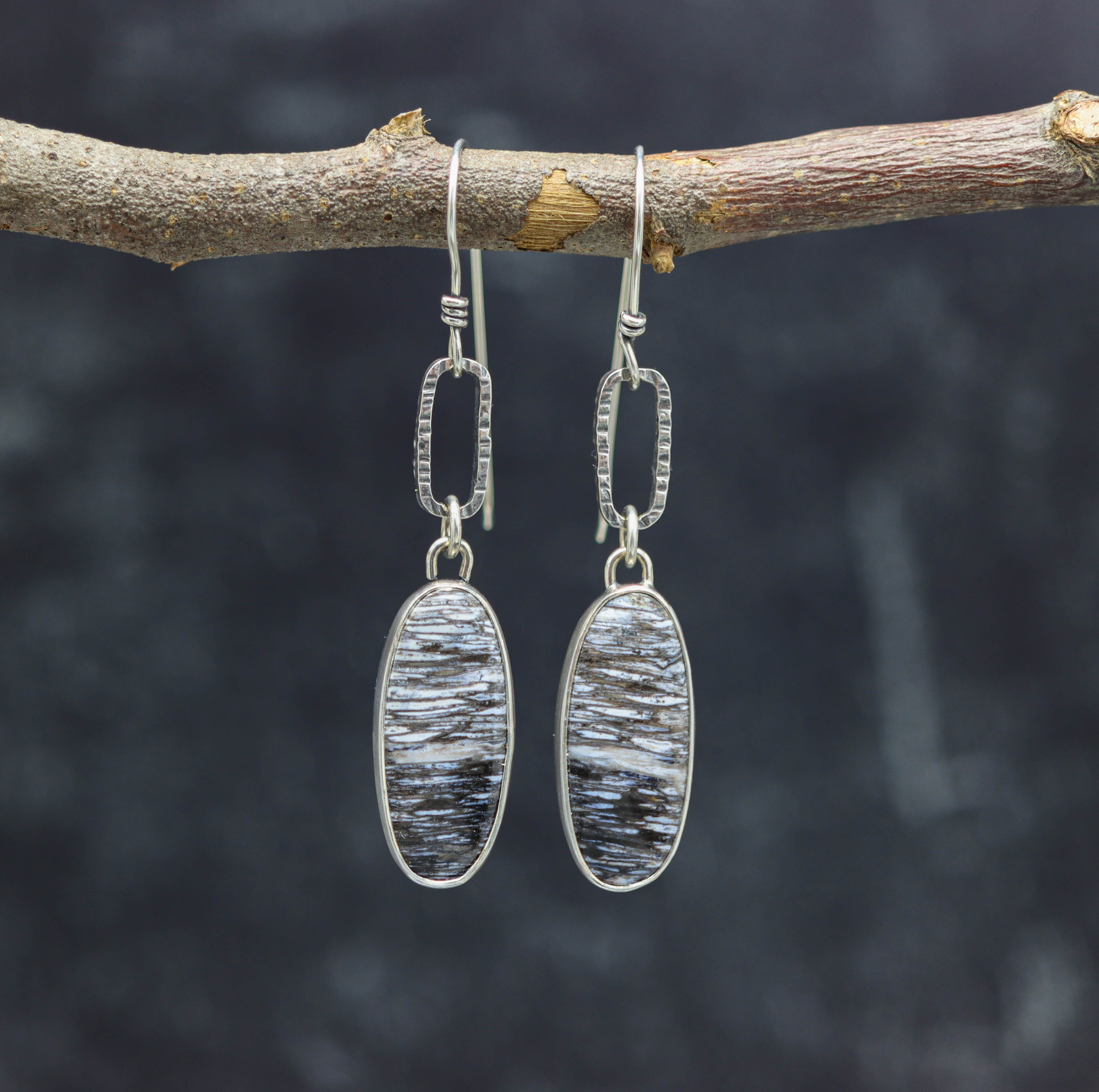 Petrified Palm Wood Dangle Earrings Sterling Silver