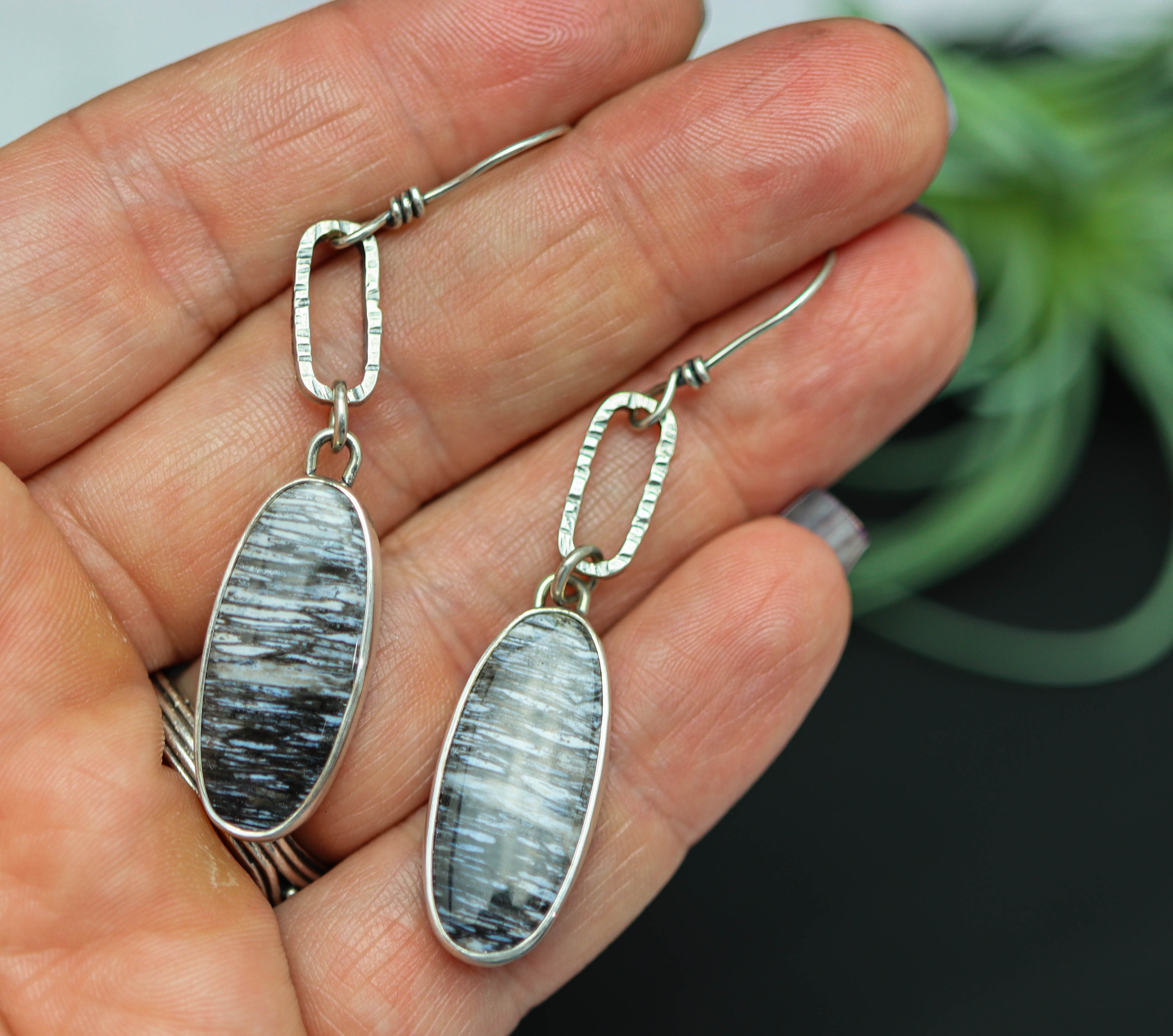 Petrified Palm Wood Dangle Earrings Sterling Silver