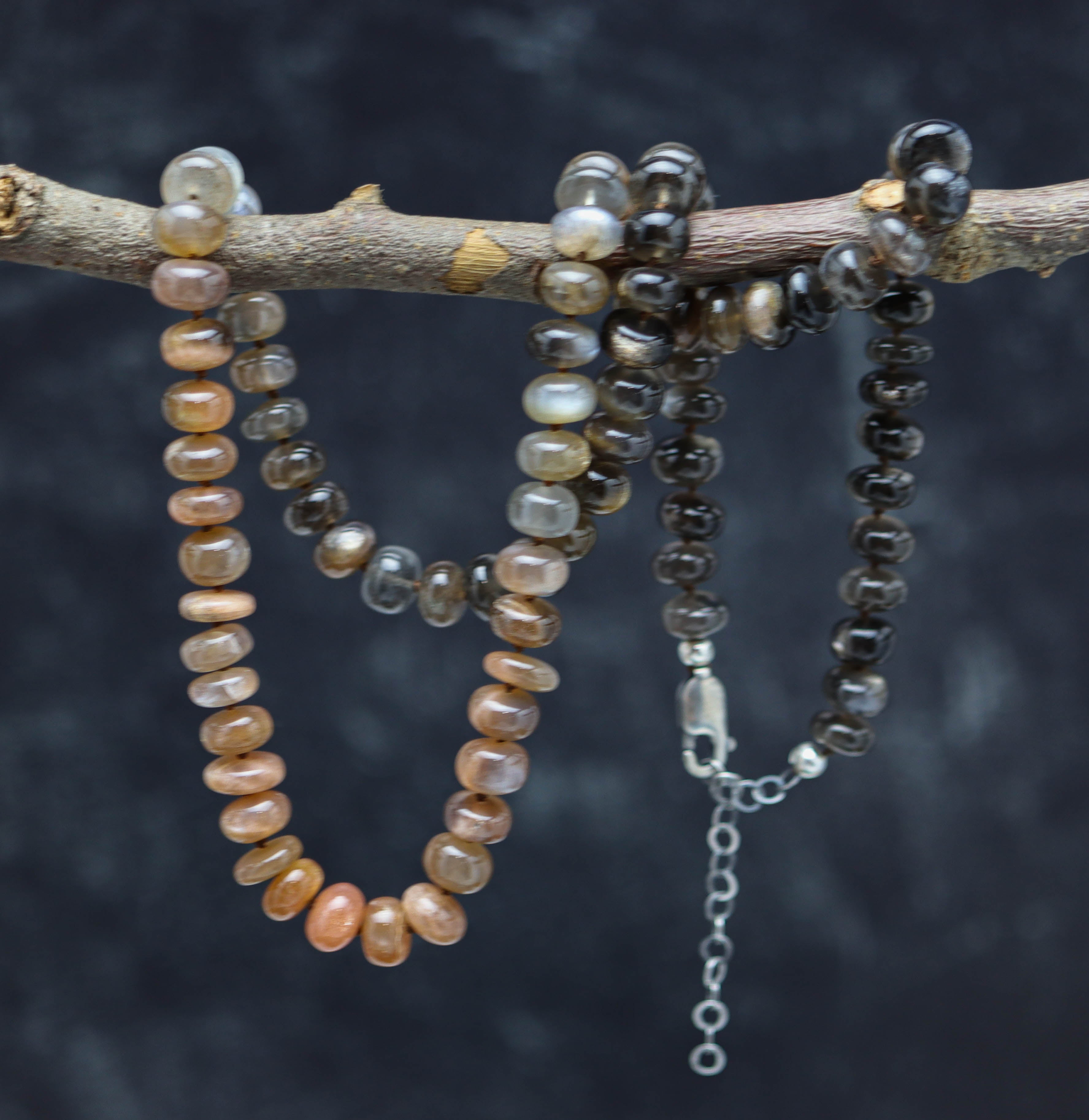 Australian Moonstone Hand Knotted Bead Necklace Sterling Silver LONG