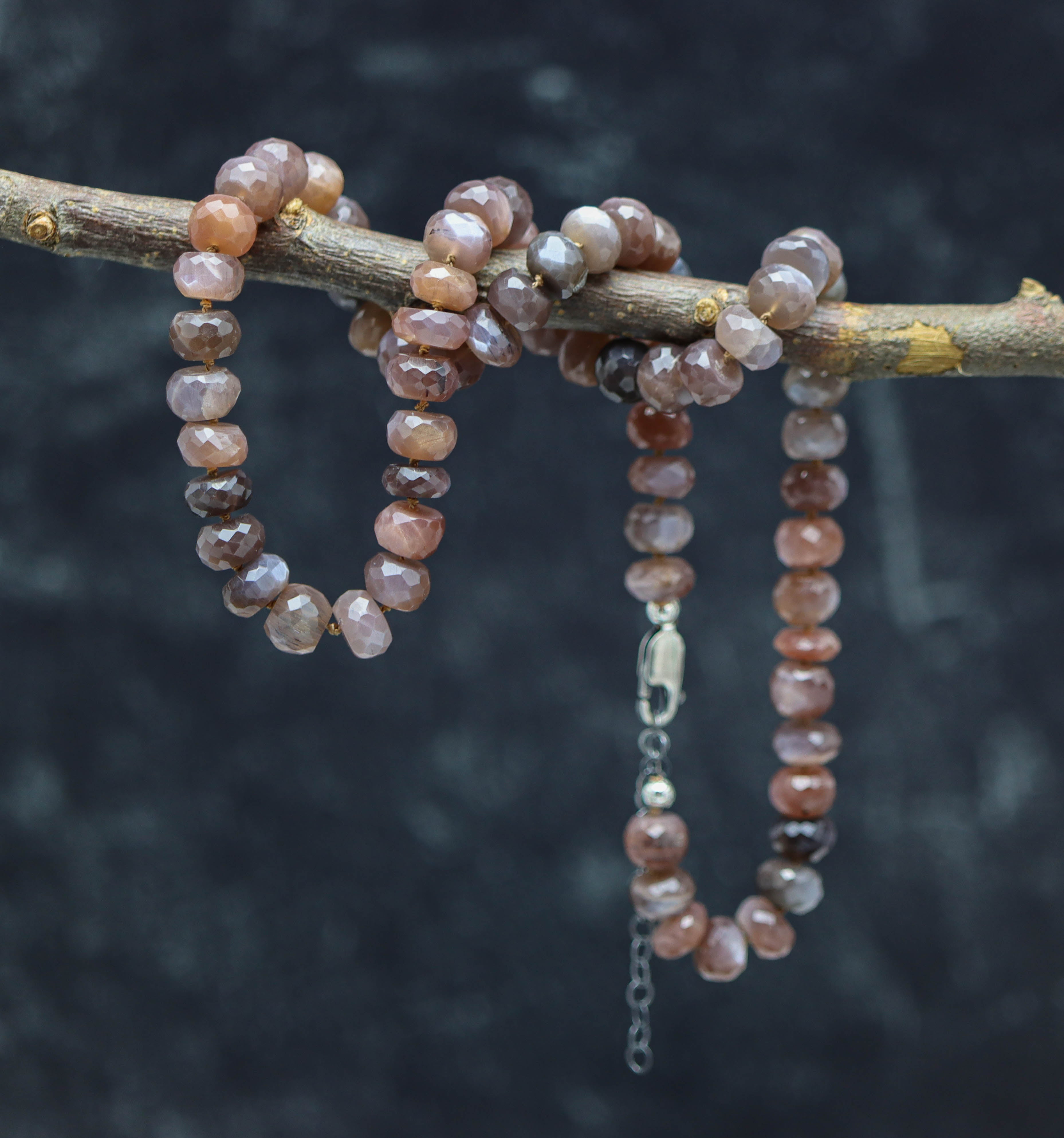 Chocolate Moonstone Hand Knotted Bead Necklace Sterling Silver