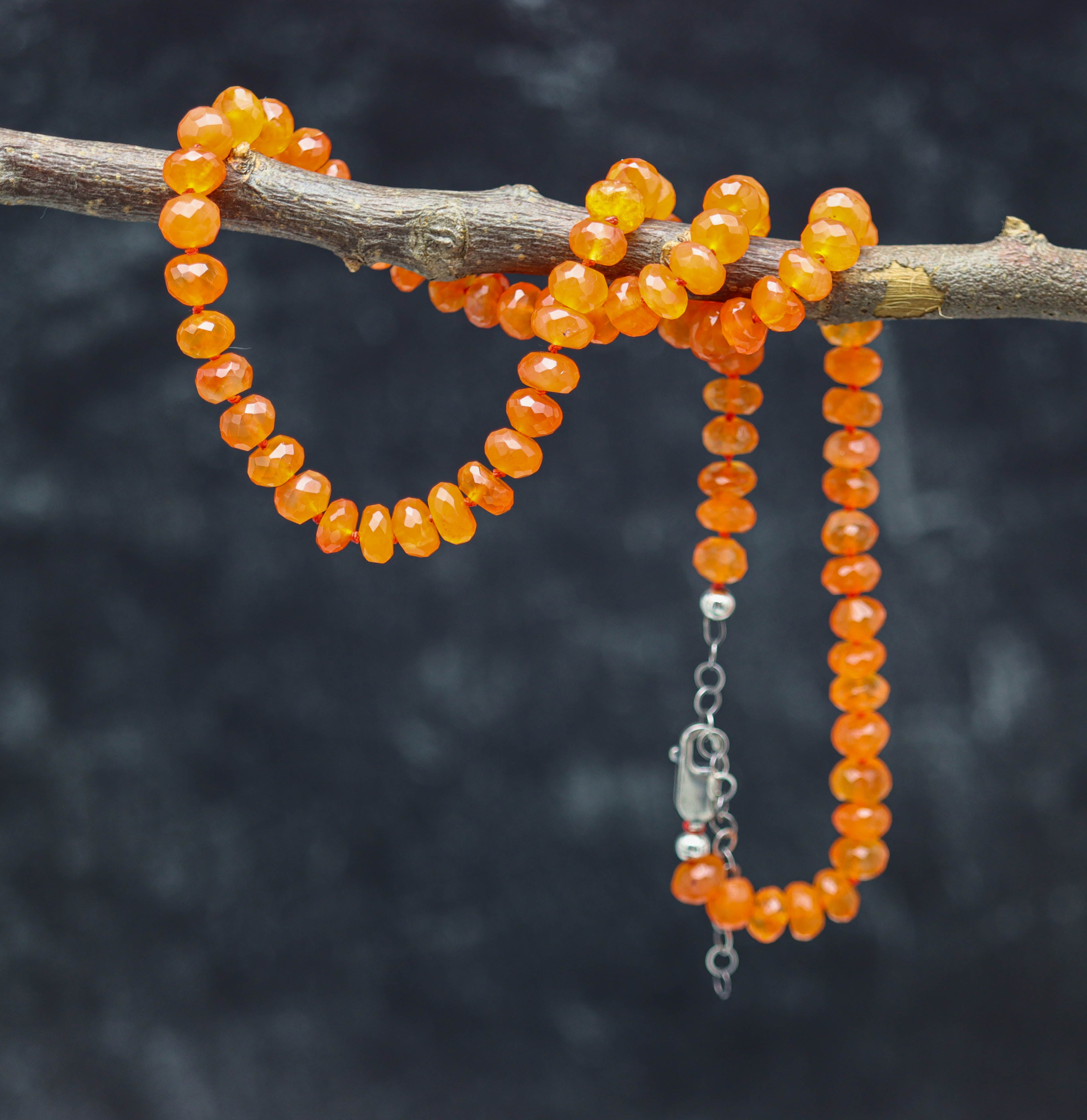 Juicy Orange Carnelian Hand Knotted Bead Necklace Sterling Silver