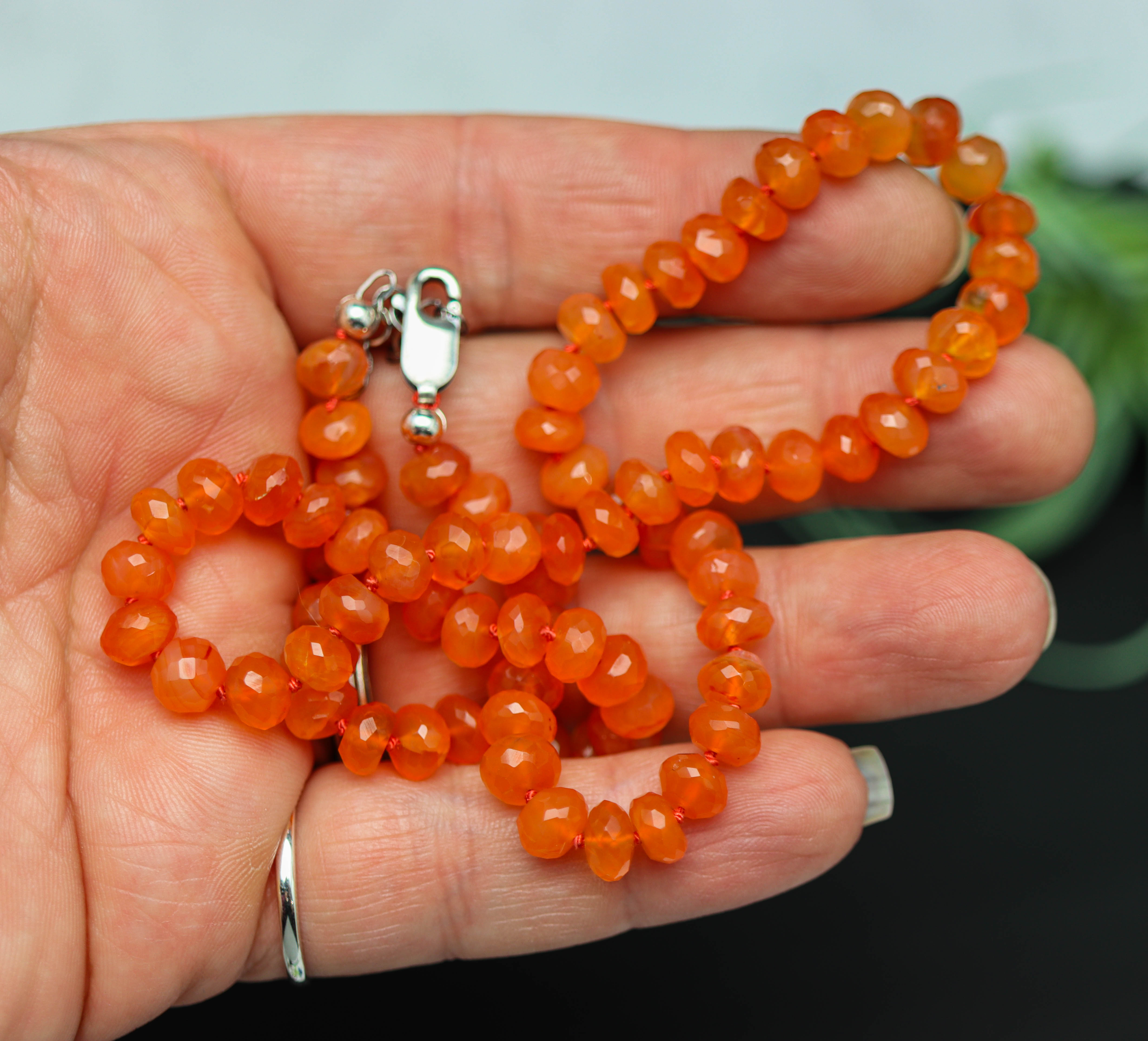 Juicy Orange Carnelian Hand Knotted Bead Necklace Sterling Silver