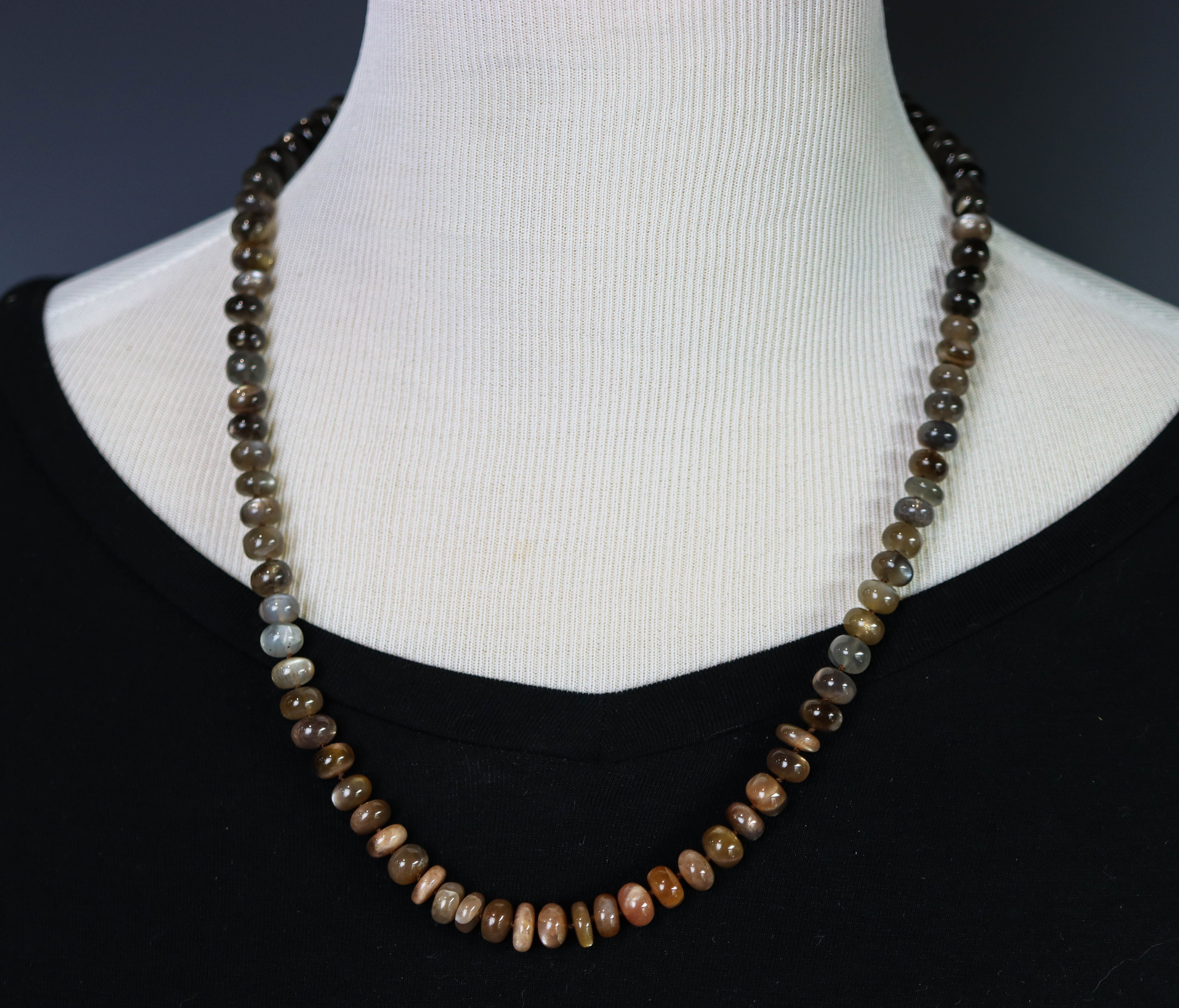 Australian Moonstone Hand Knotted Bead Necklace Sterling Silver LONG