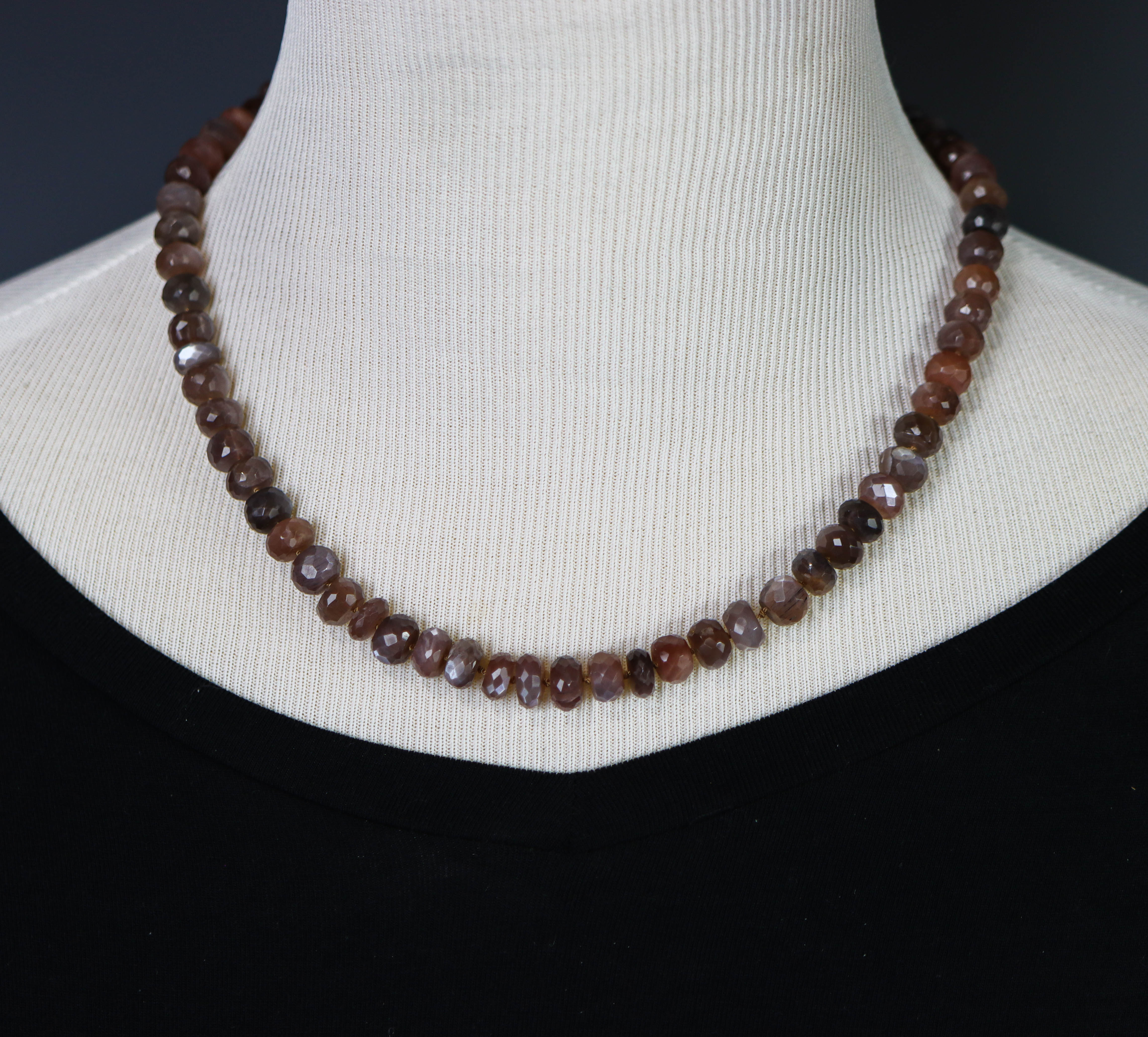 Chocolate Moonstone Hand Knotted Bead Necklace Sterling Silver