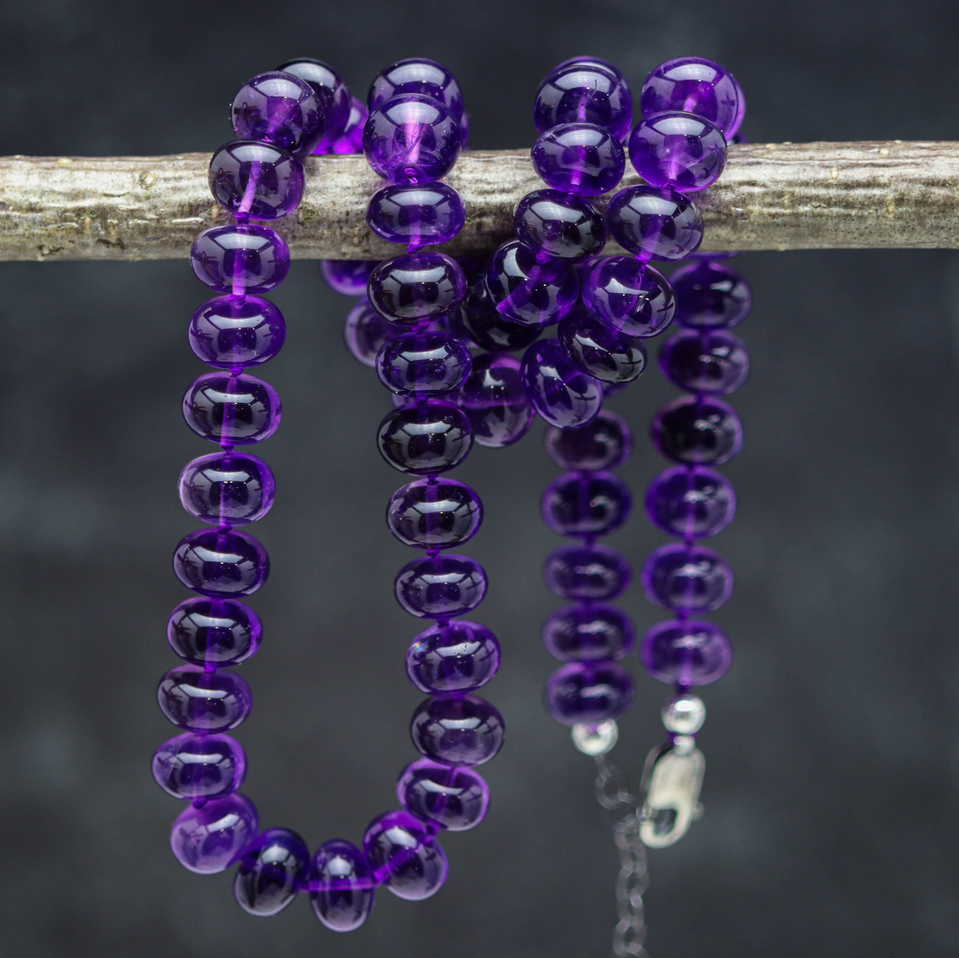 Amethyst Hand Knotted Bead Necklace Sterling Silver