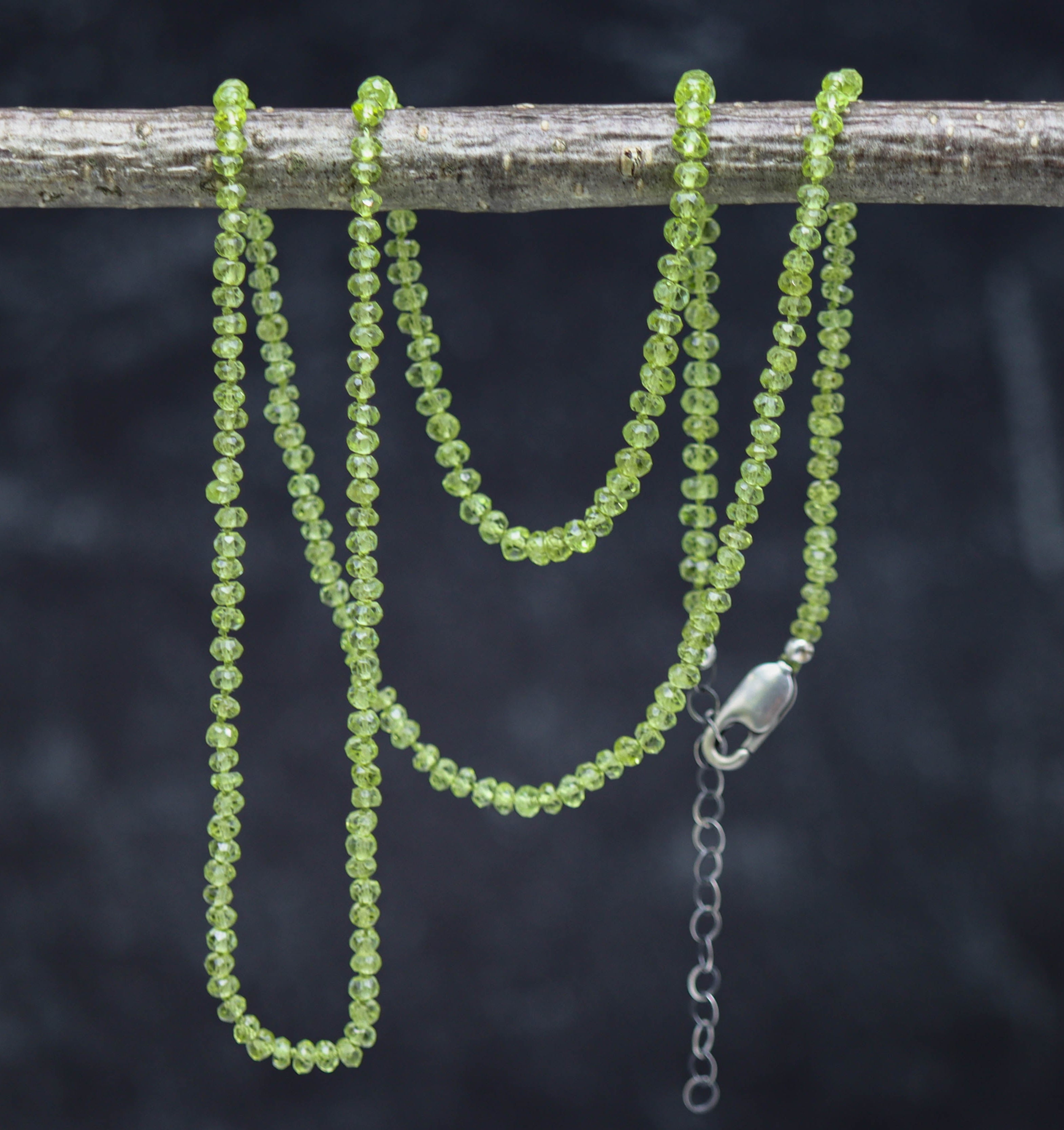 Green Peridot Hand Knotted Bead Necklace Sterling Silver