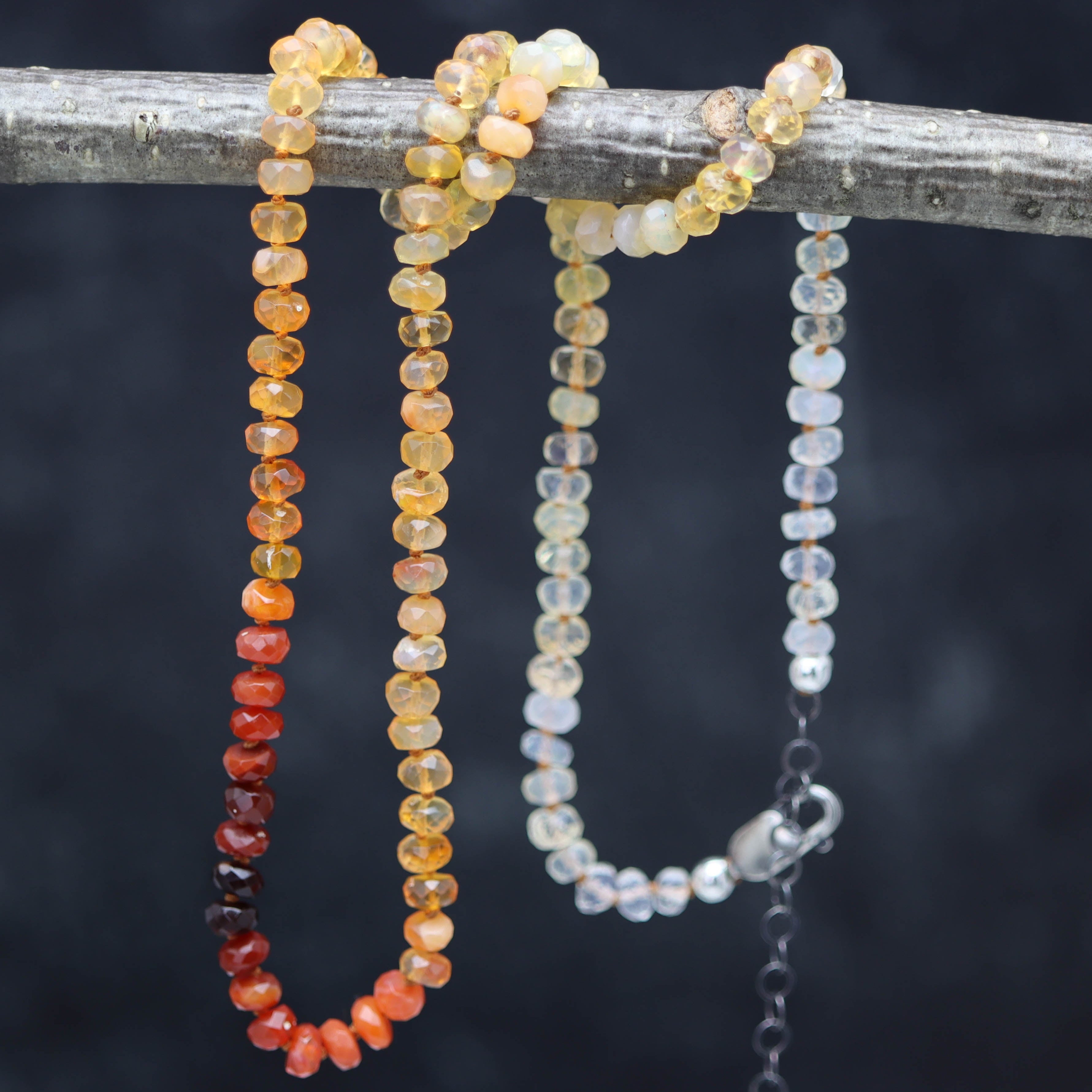 Mexican Fire Opal Hand Knotted Bead Necklace Sterling Silver