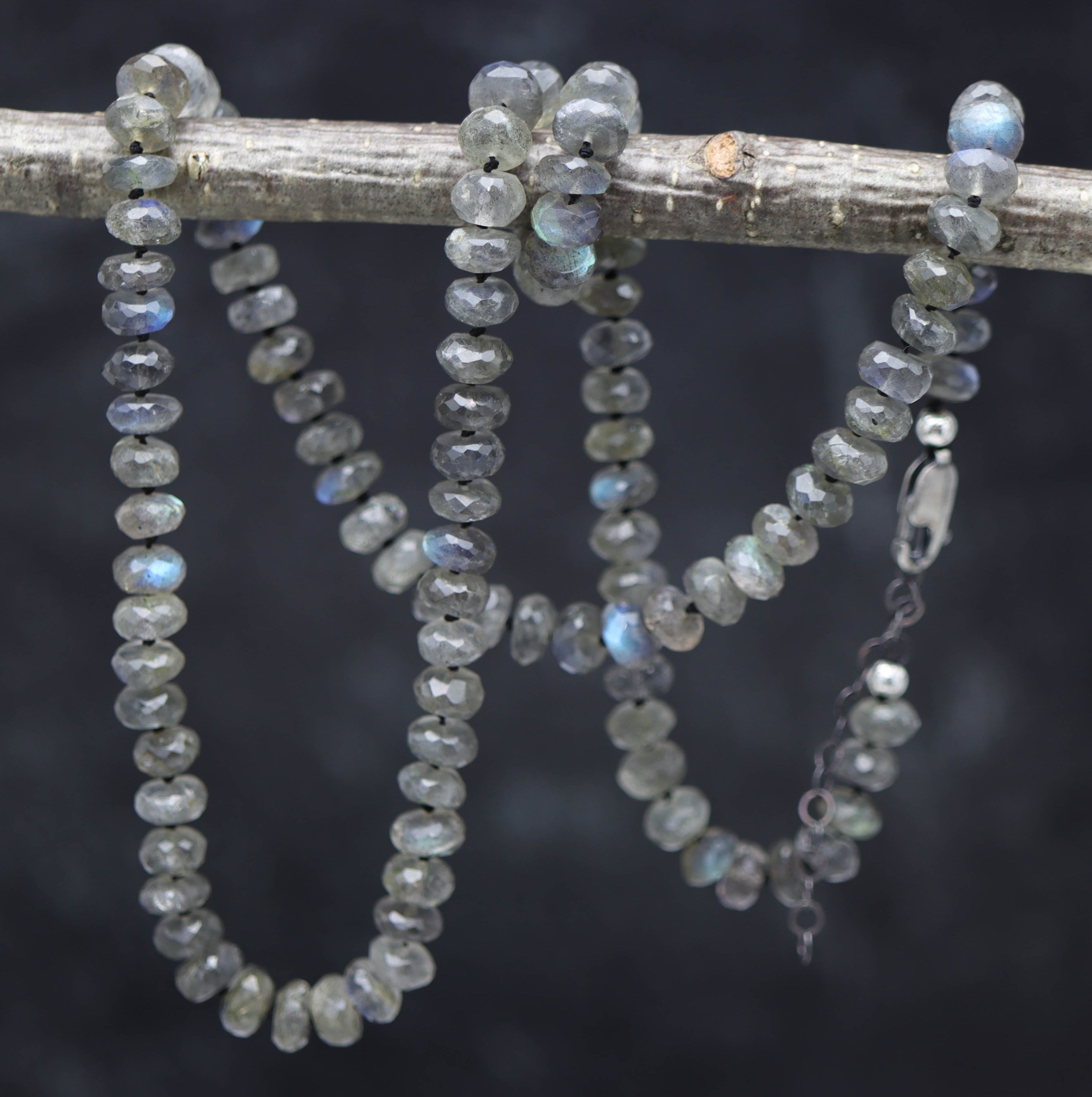 Sparkly Labradorite Hand Knotted Bead Necklace Sterling Silver