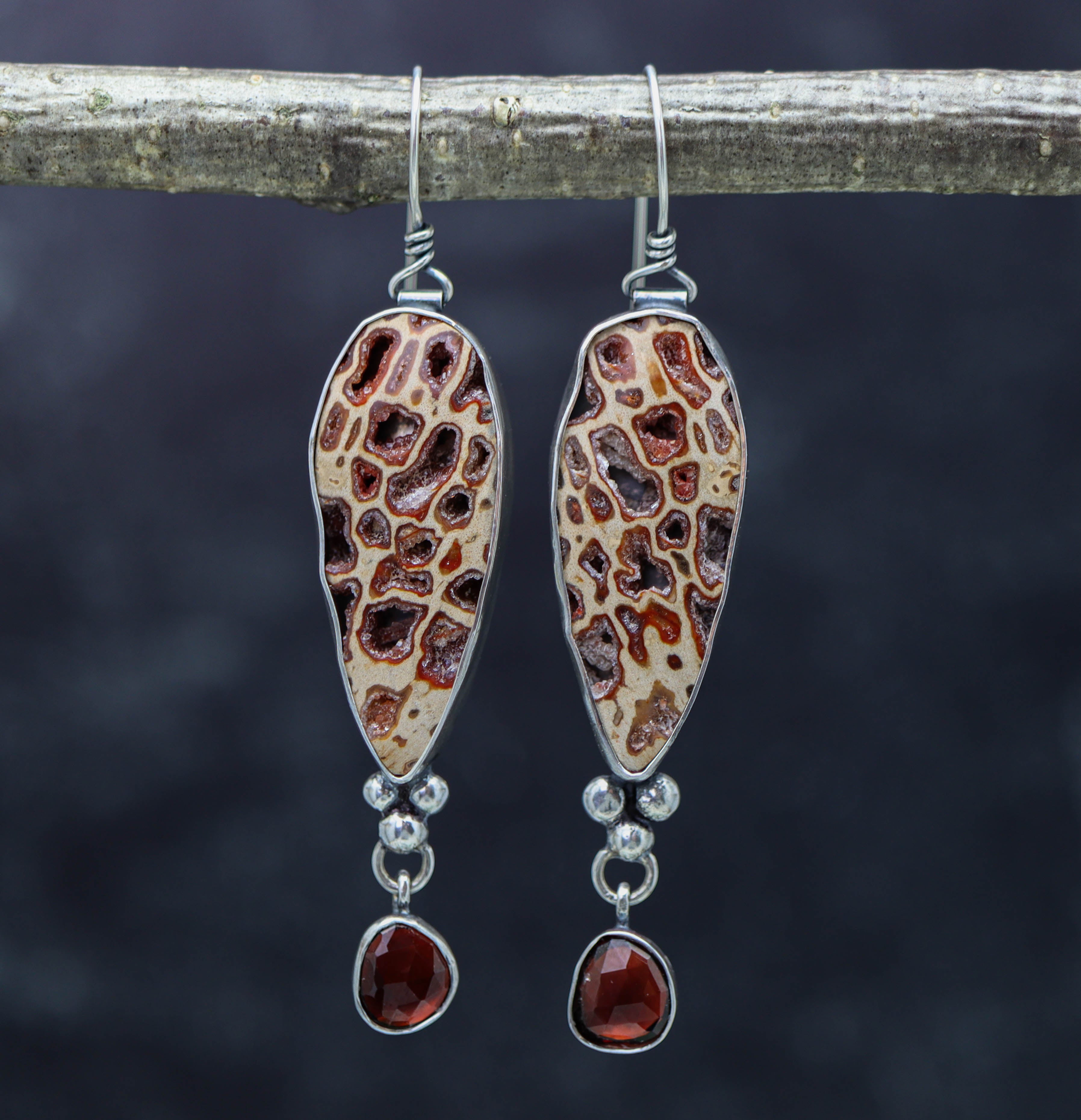 Petrified Wood and Garnet Dangle Earrings Sterling Silver