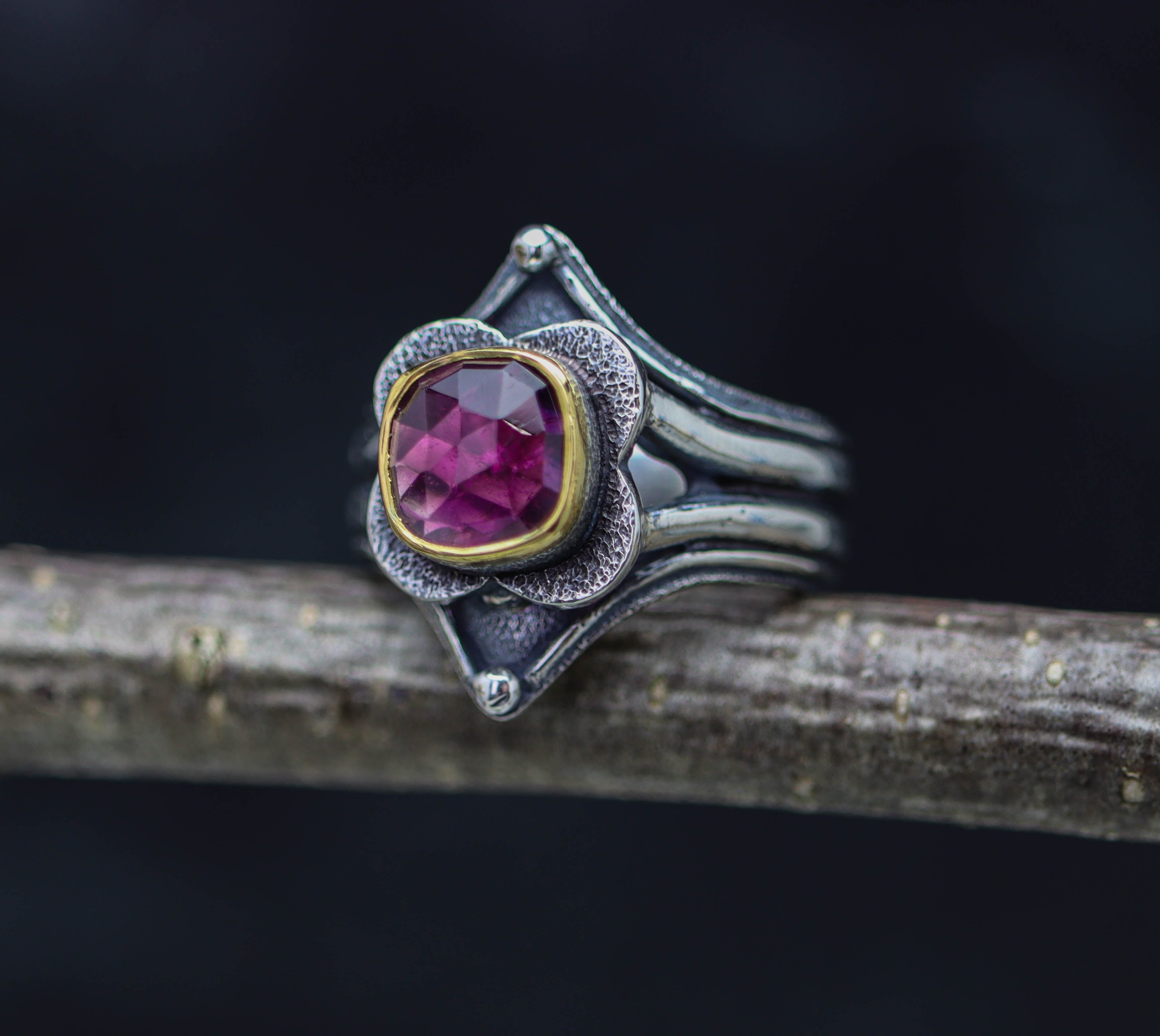 Pink Tourmaline Platform Ring Sterling Silver and 22k Gold Size 9.25