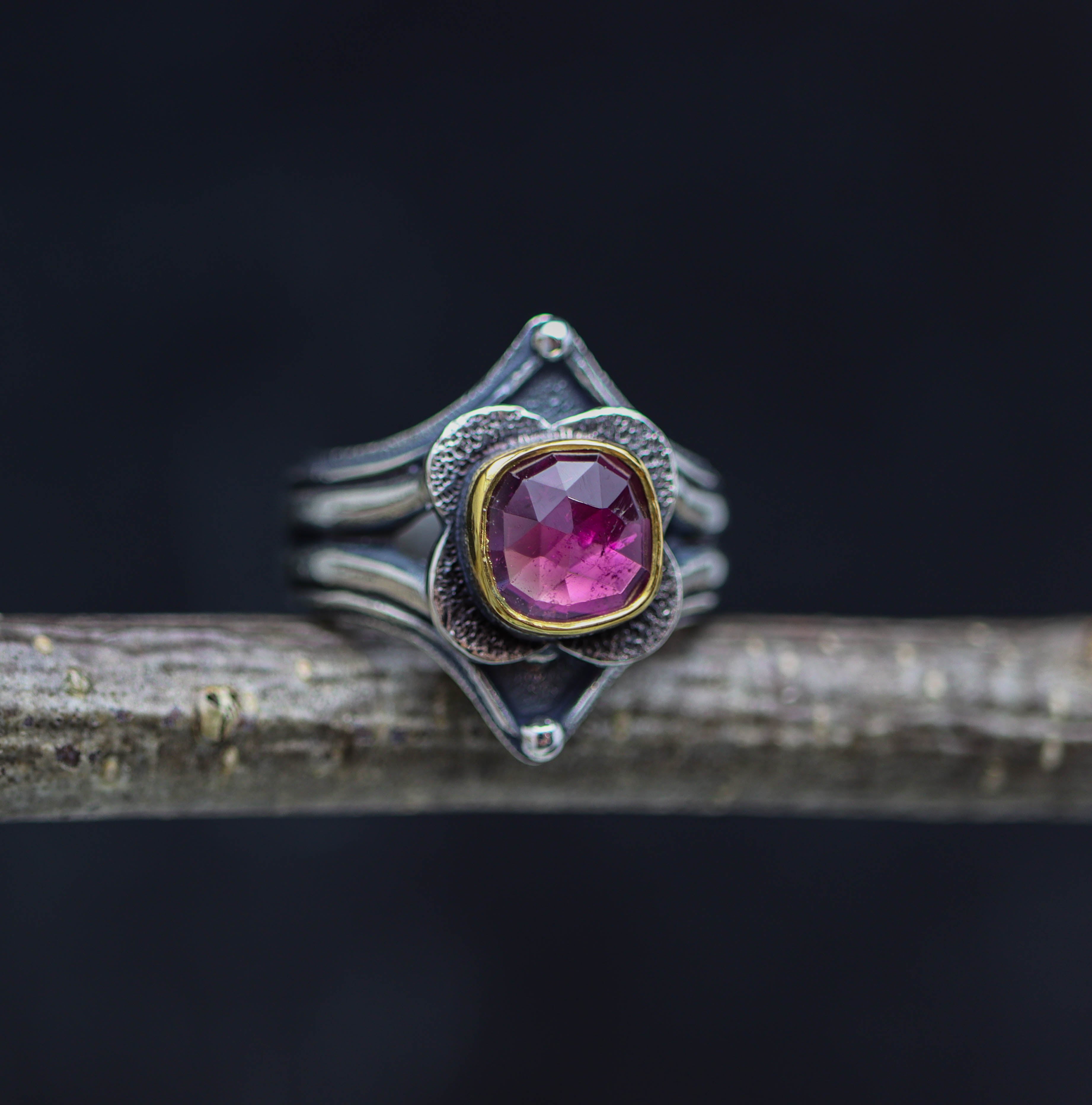 Pink Tourmaline Platform Ring Sterling Silver and 22k Gold Size 9.25