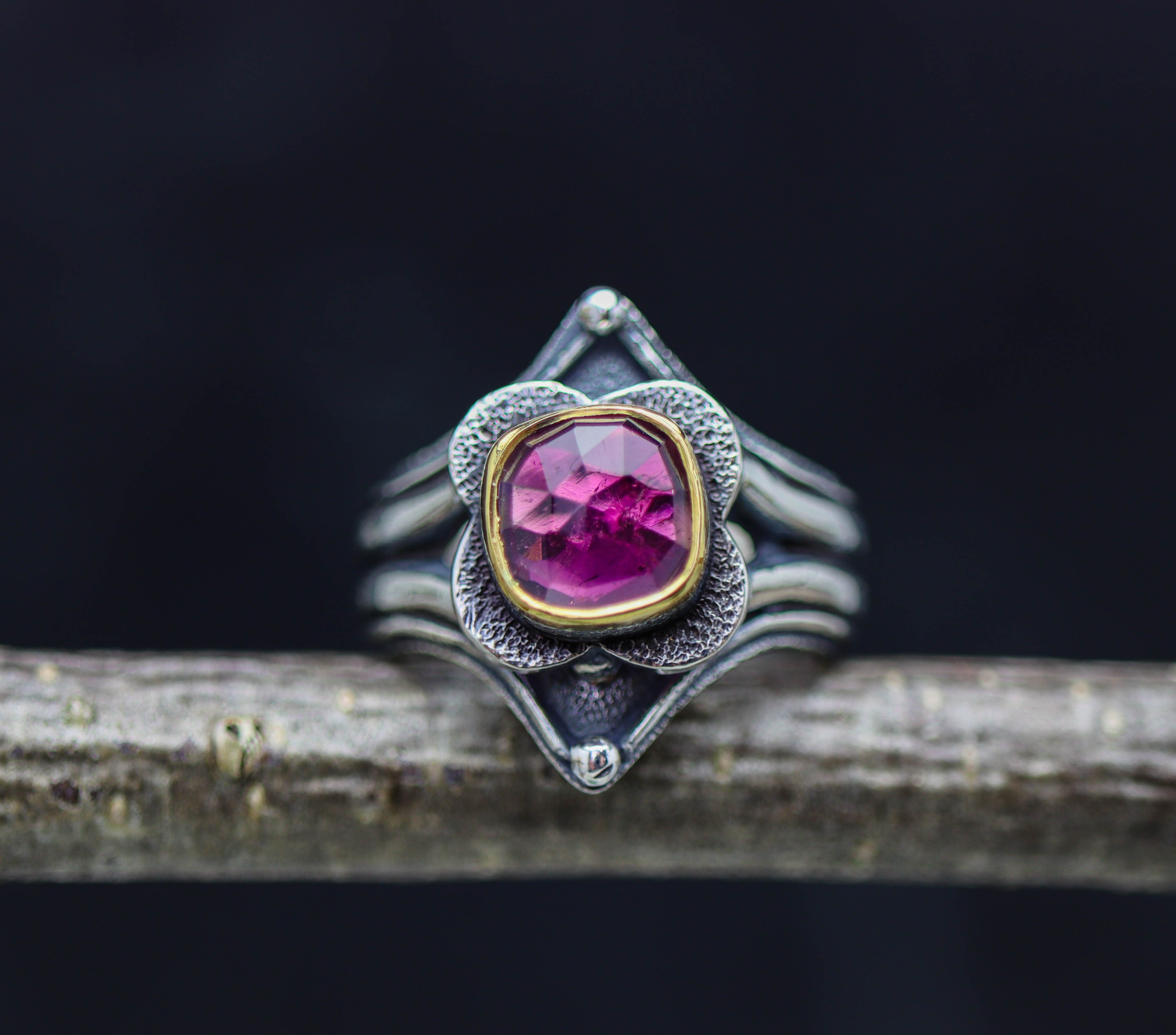 Pink Tourmaline Platform Ring Sterling Silver and 22k Gold Size 9.25