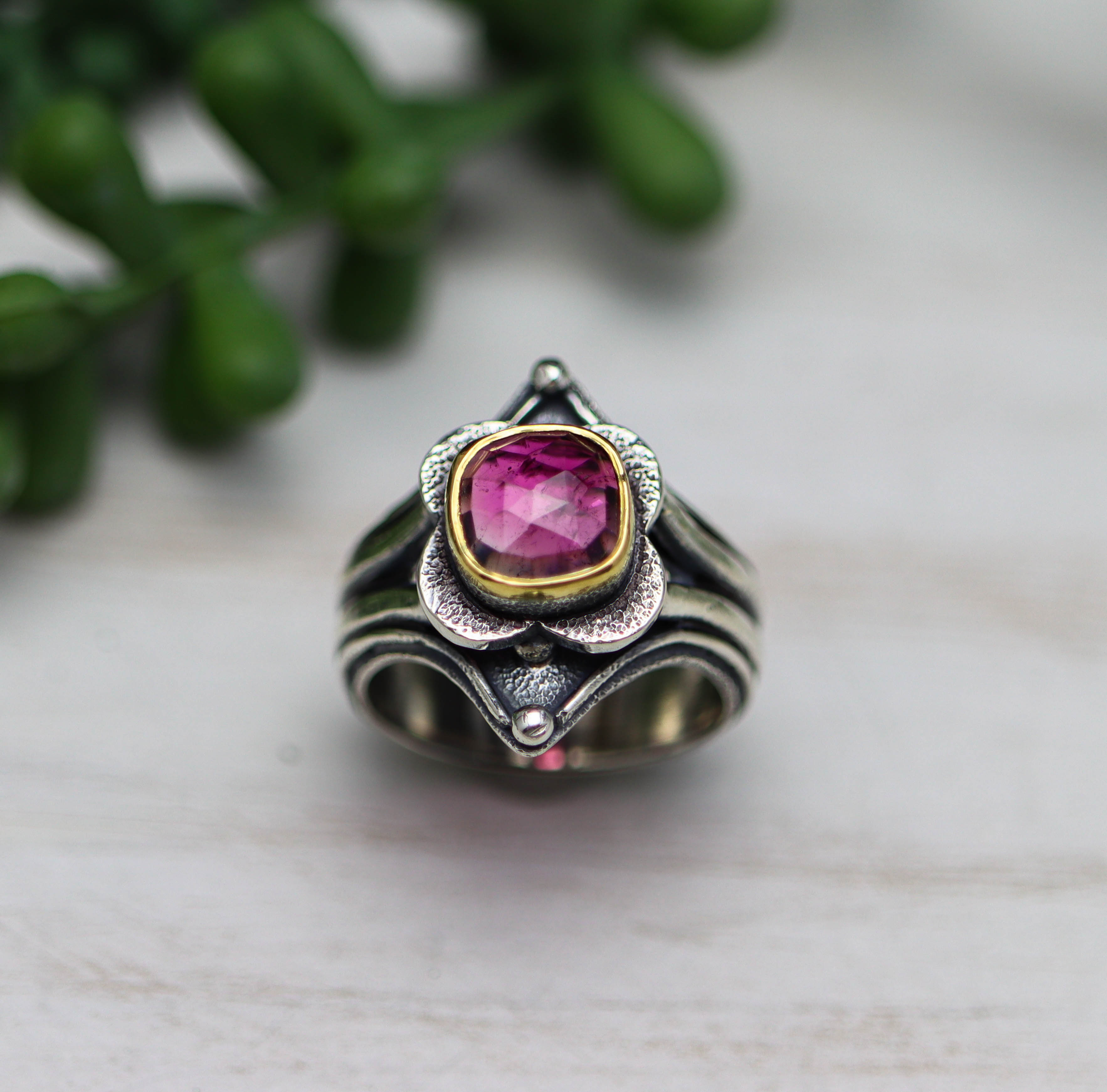 Pink Tourmaline Platform Ring Sterling Silver and 22k Gold Size 9.25