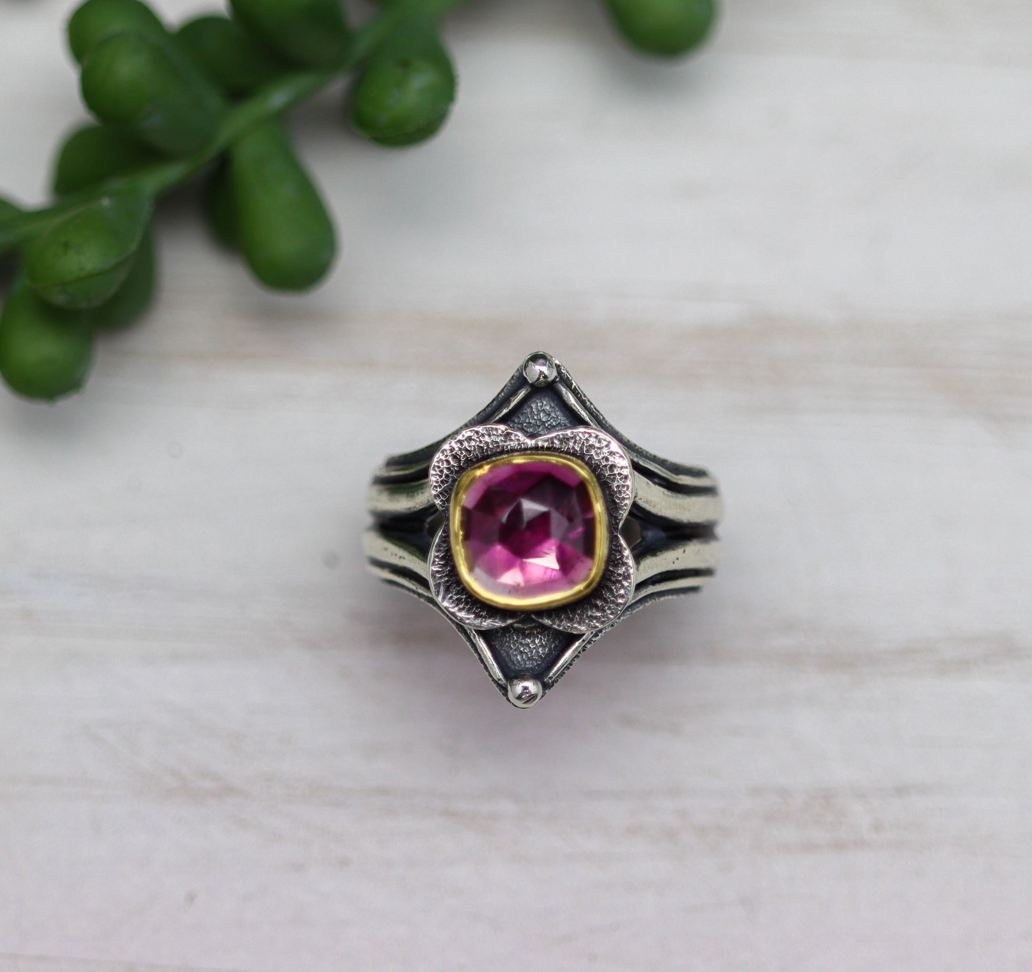 Pink Tourmaline Platform Ring Sterling Silver and 22k Gold Size 9.25