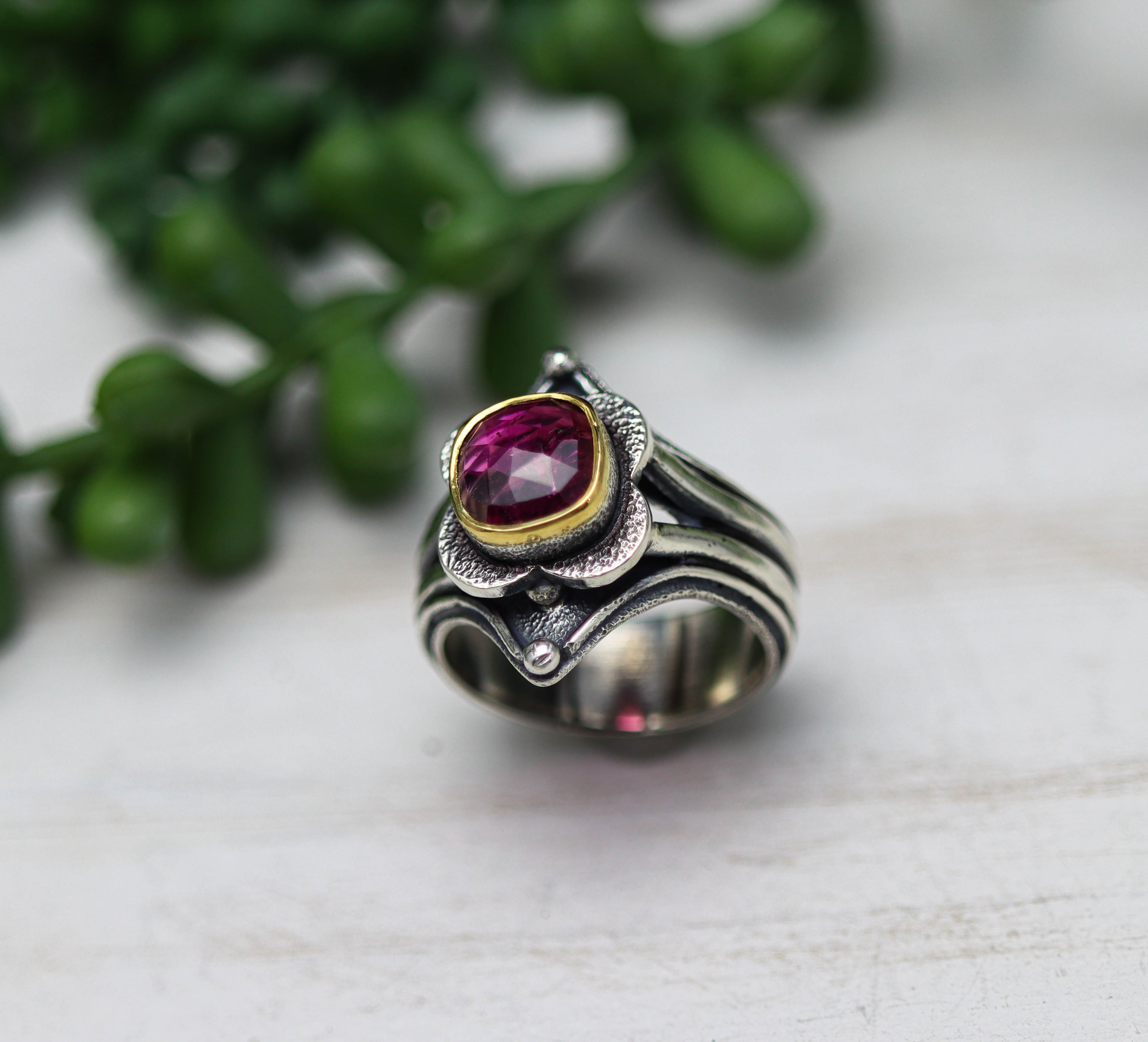 Pink Tourmaline Platform Ring Sterling Silver and 22k Gold Size 9.25