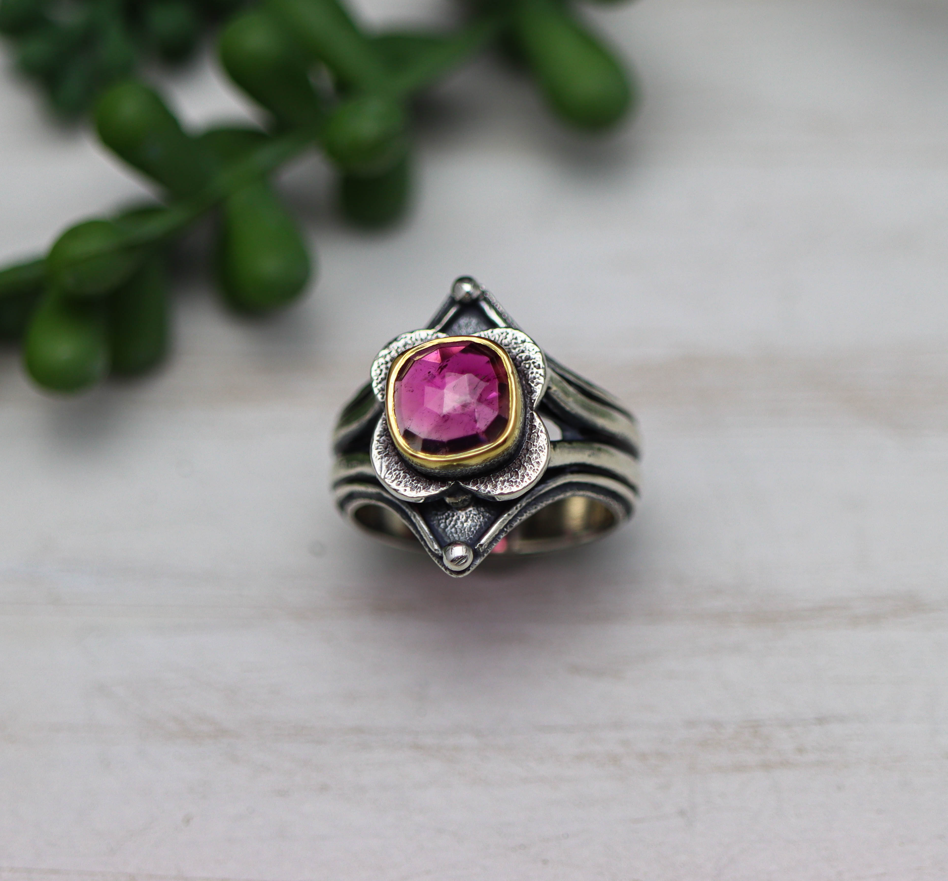 Pink Tourmaline Platform Ring Sterling Silver and 22k Gold Size 9.25
