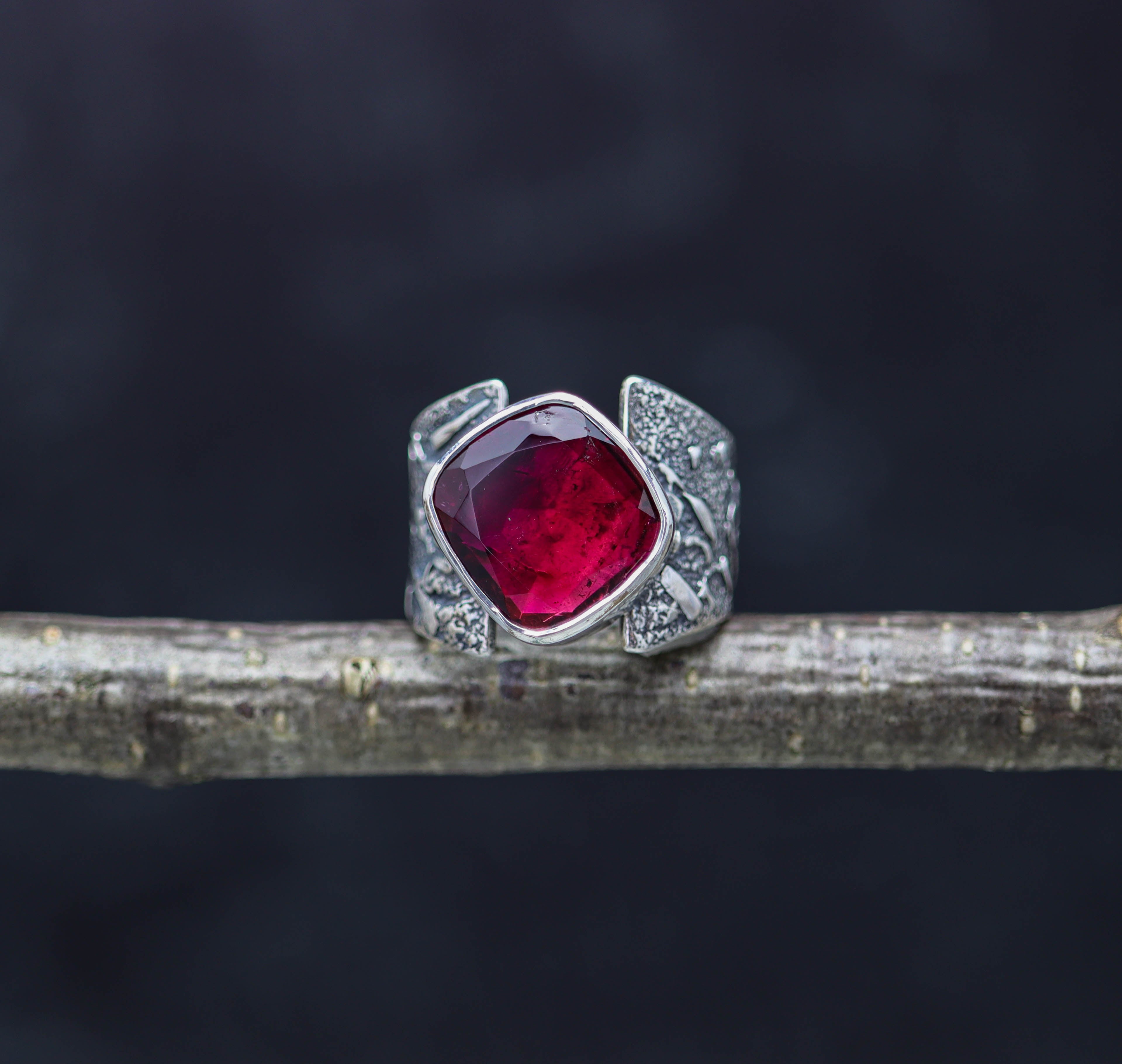 Rubelite Pink Tourmaline Sterling Silver Wide Band Ring