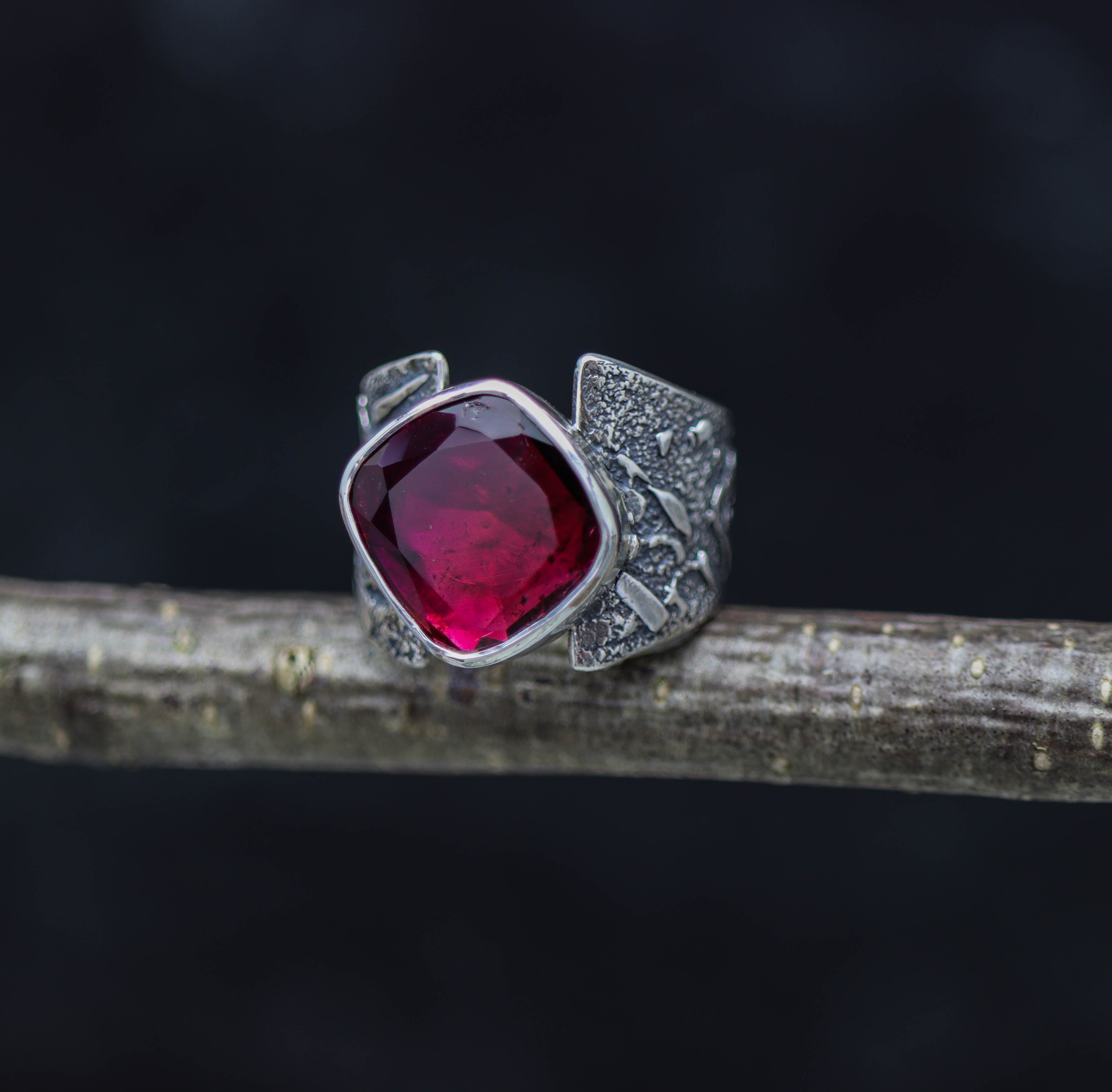 Rubelite Pink Tourmaline Sterling Silver Wide Band Ring