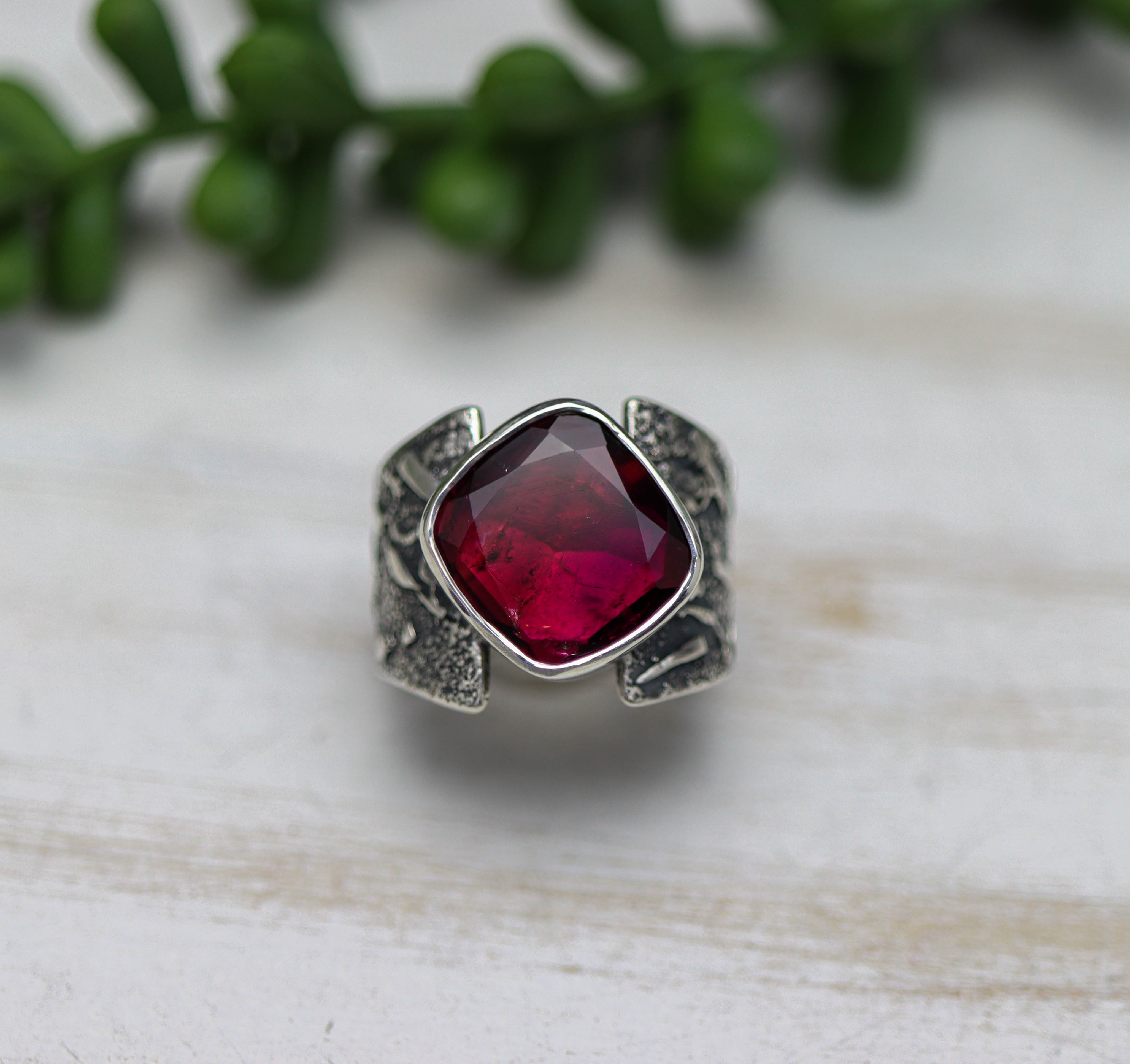 Rubelite Pink Tourmaline Sterling Silver Wide Band Ring