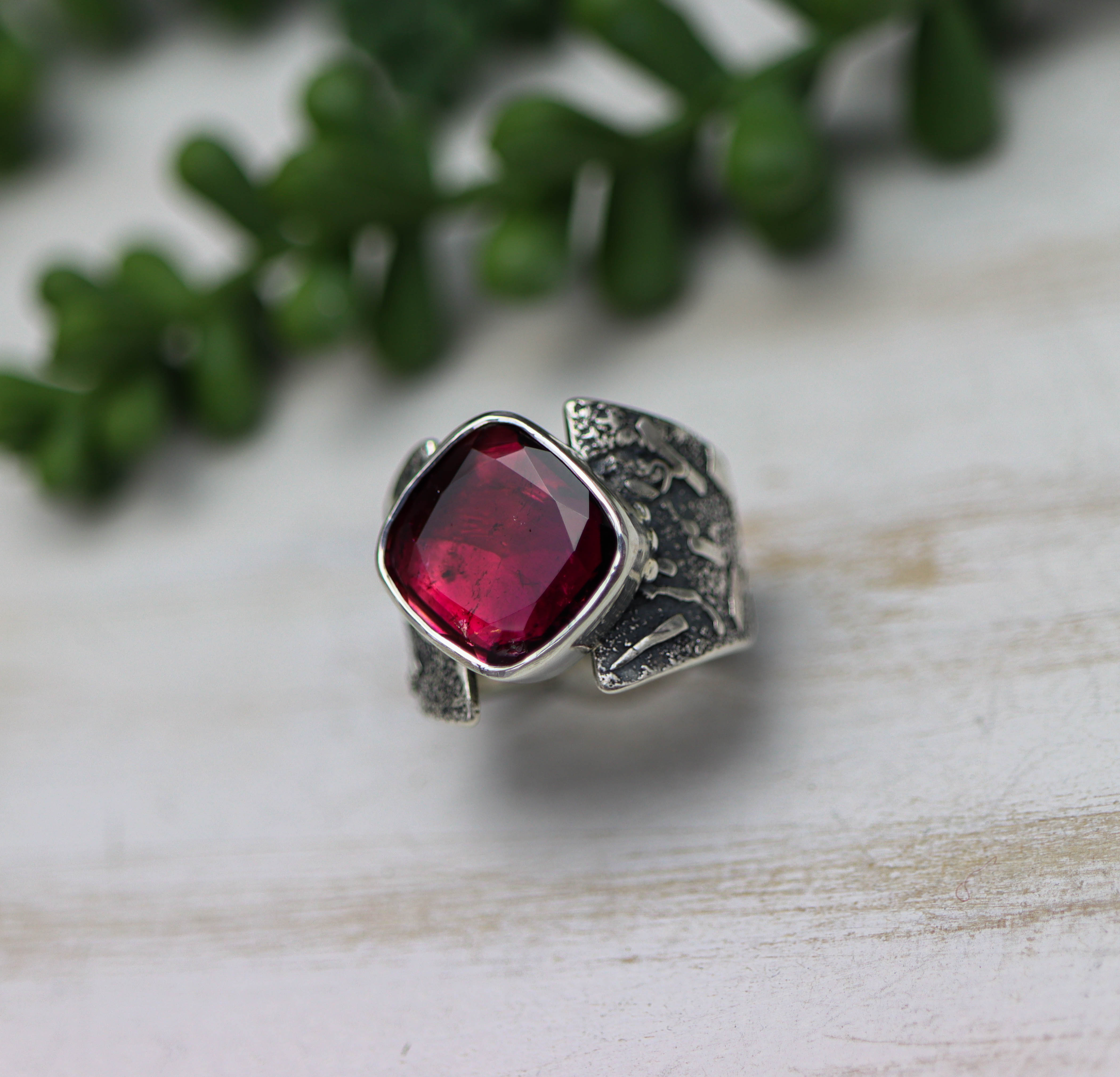 Rubelite Pink Tourmaline Sterling Silver Wide Band Ring