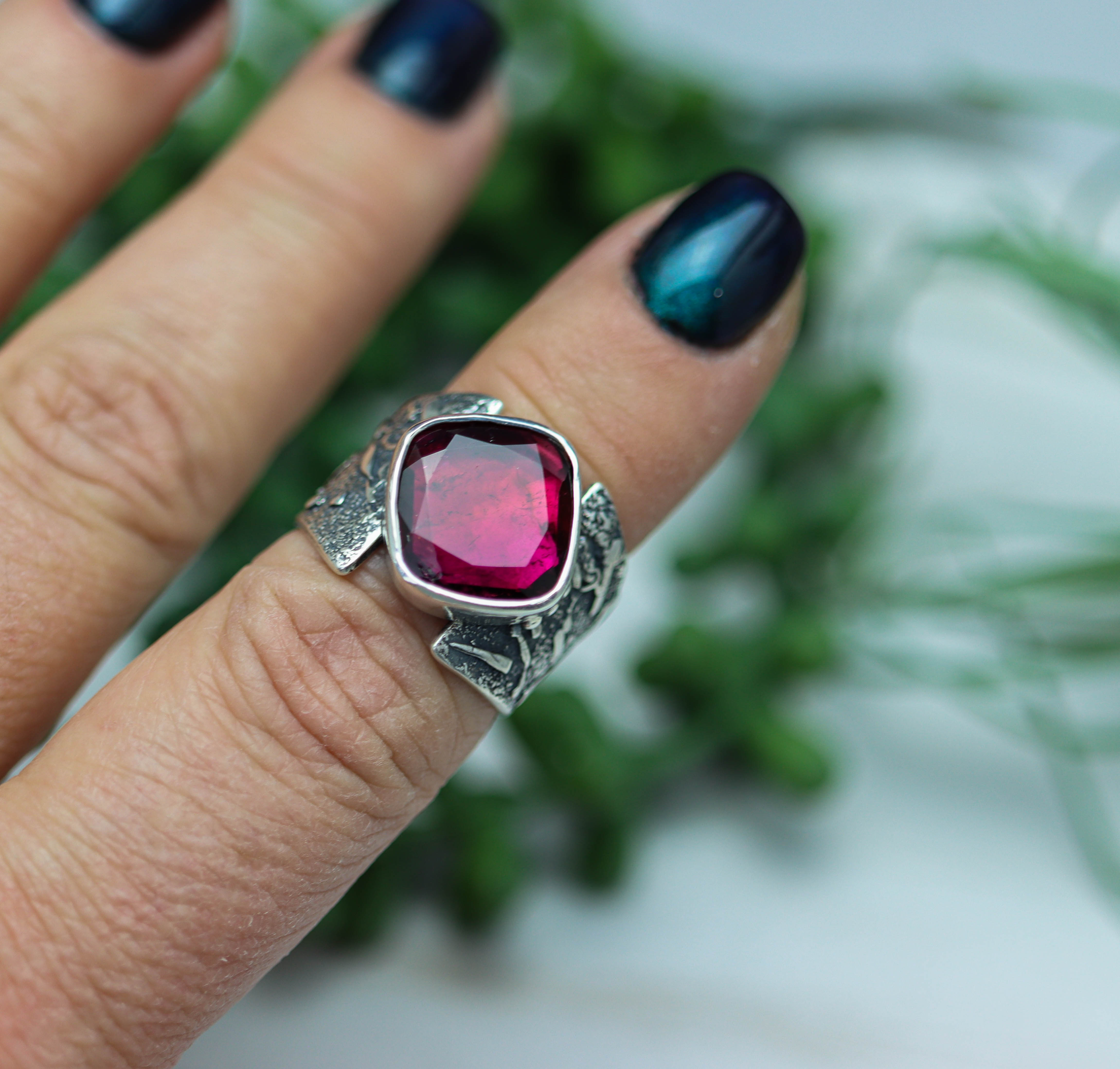 Rubelite Pink Tourmaline Sterling Silver Wide Band Ring
