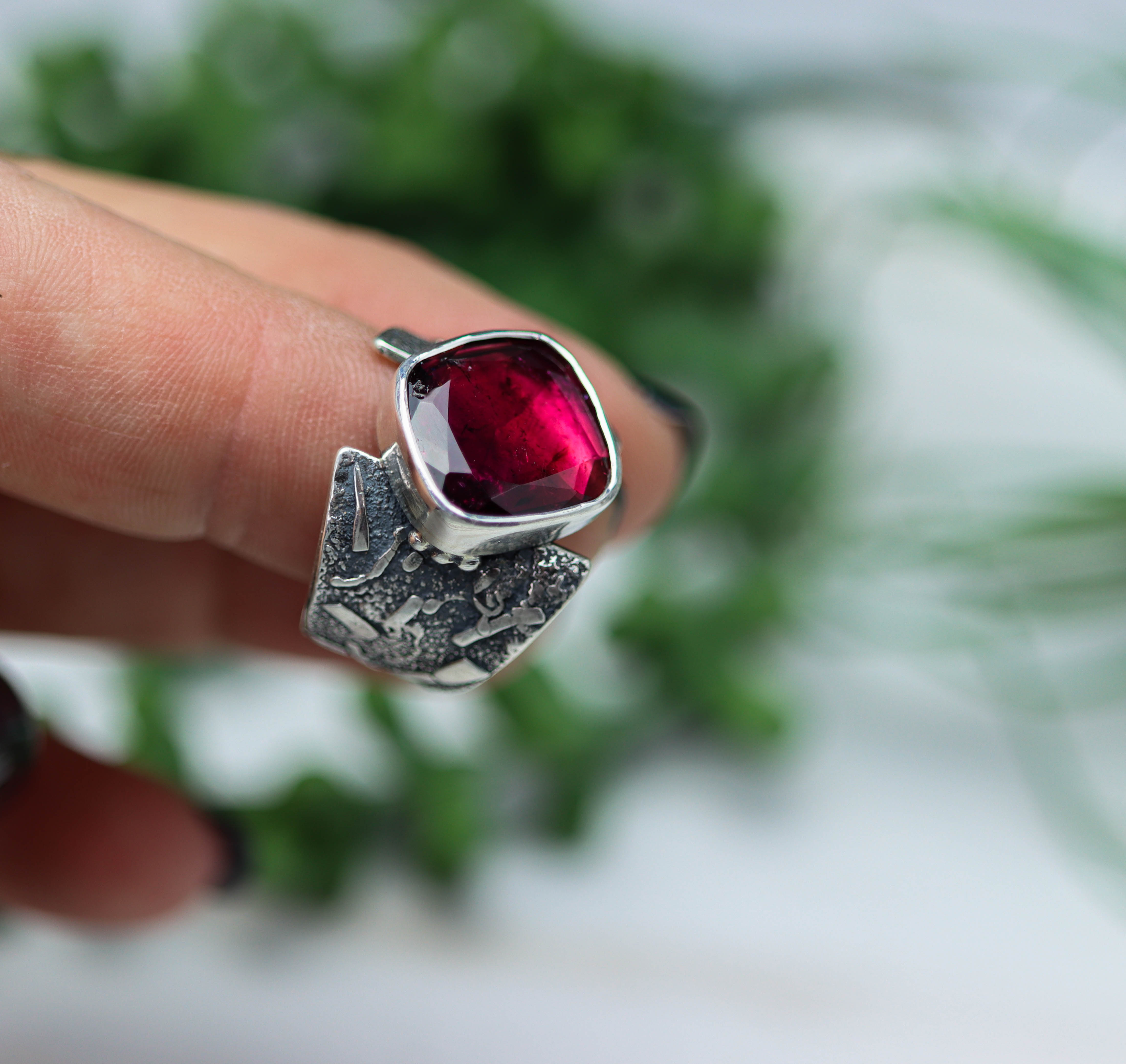 Rubelite Pink Tourmaline Sterling Silver Wide Band Ring
