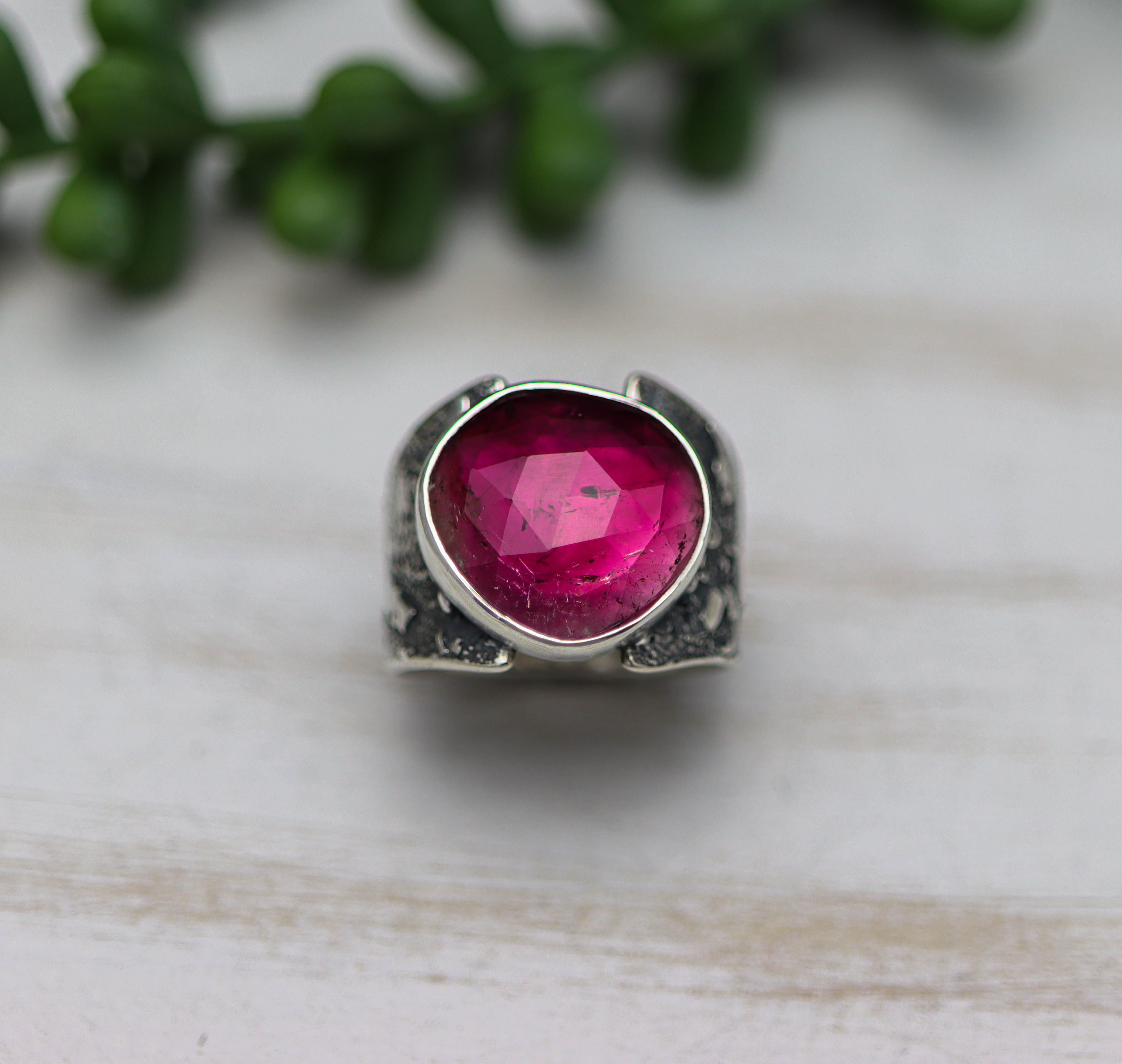 Pink Watermelon Tourmaline Sterling Silver Wide Band Ring