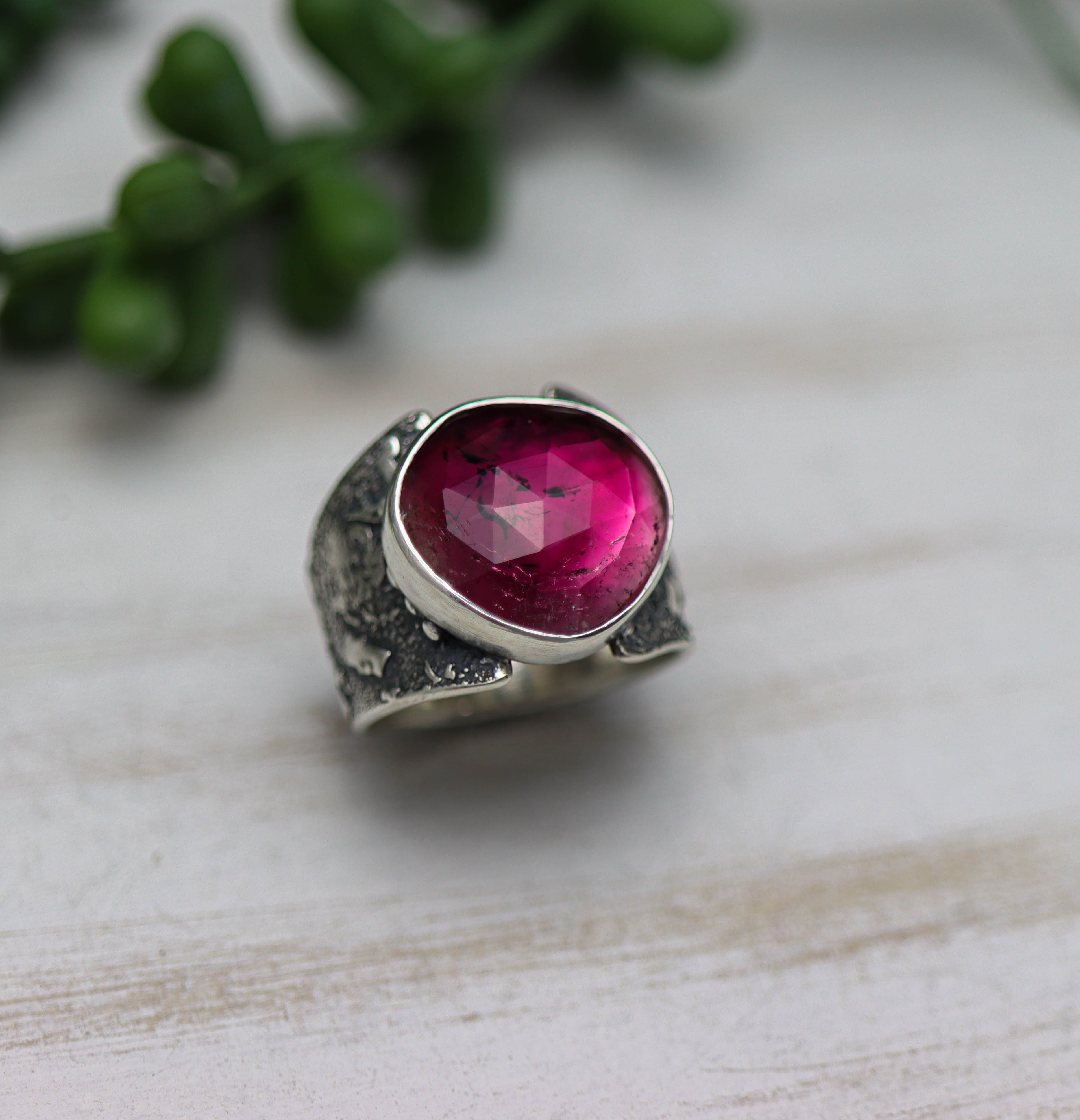 Pink Watermelon Tourmaline Sterling Silver Wide Band Ring