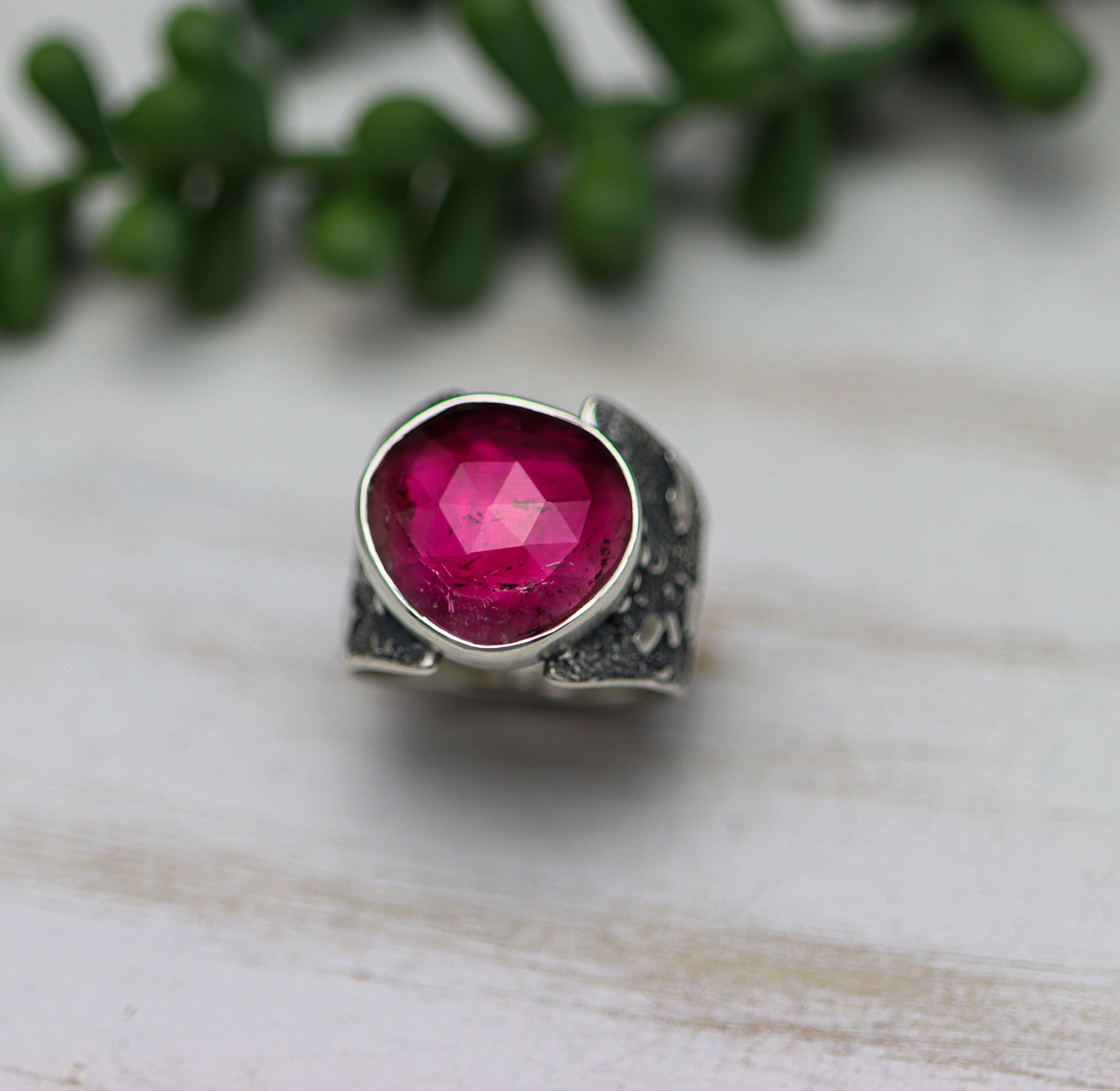 Pink Watermelon Tourmaline Sterling Silver Wide Band Ring