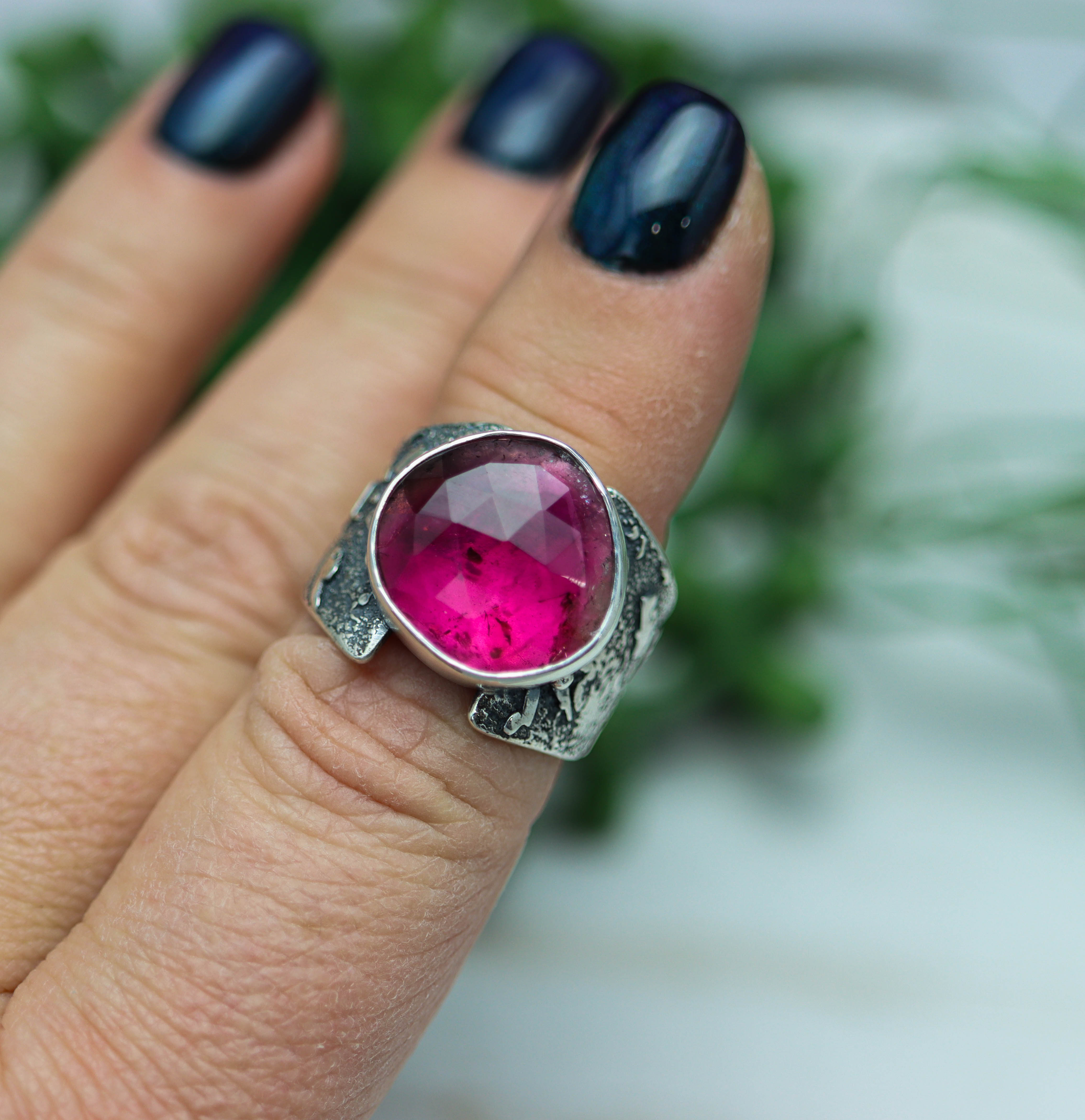 Pink Watermelon Tourmaline Sterling Silver Wide Band Ring