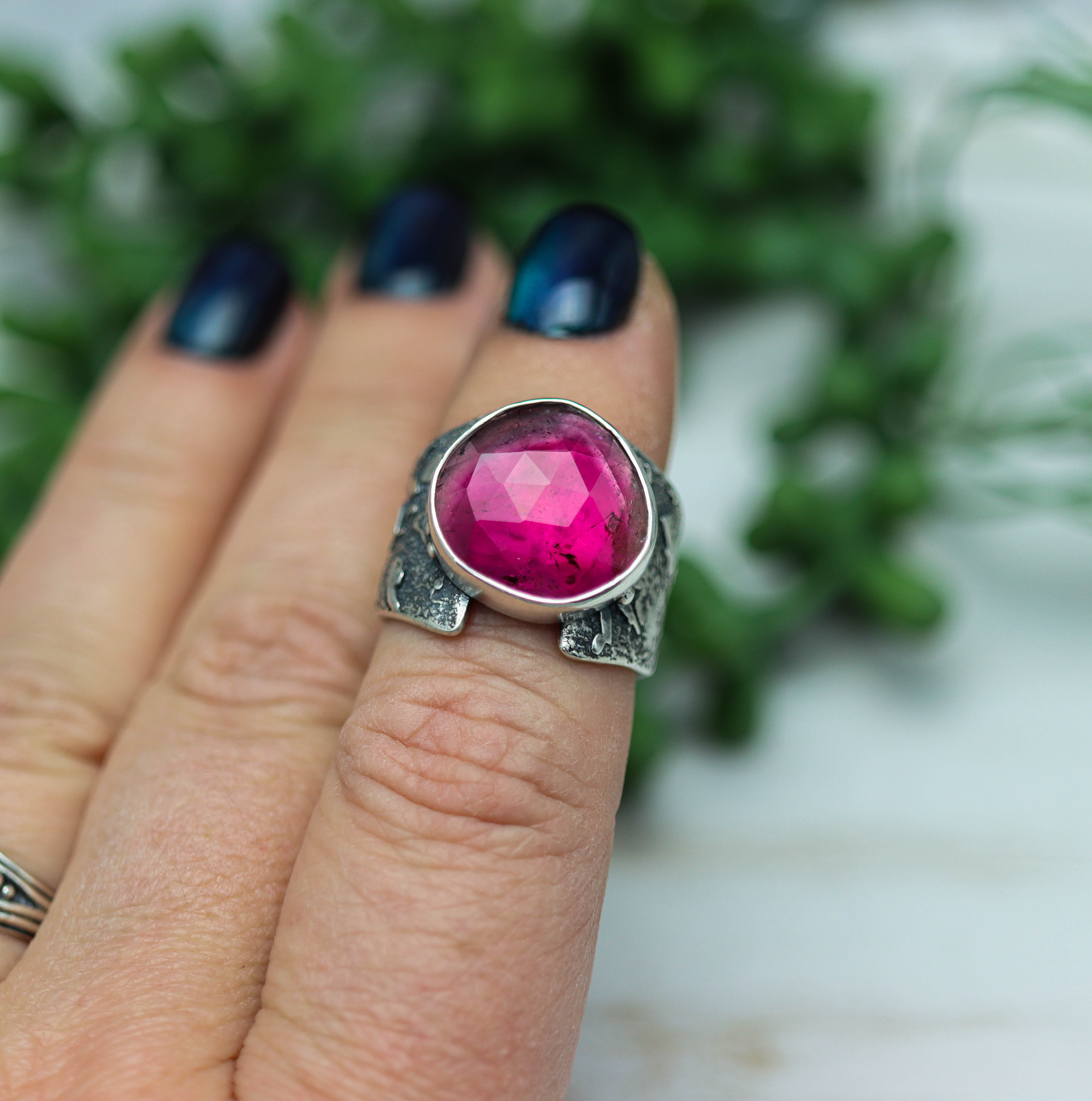 Pink Watermelon Tourmaline Sterling Silver Wide Band Ring