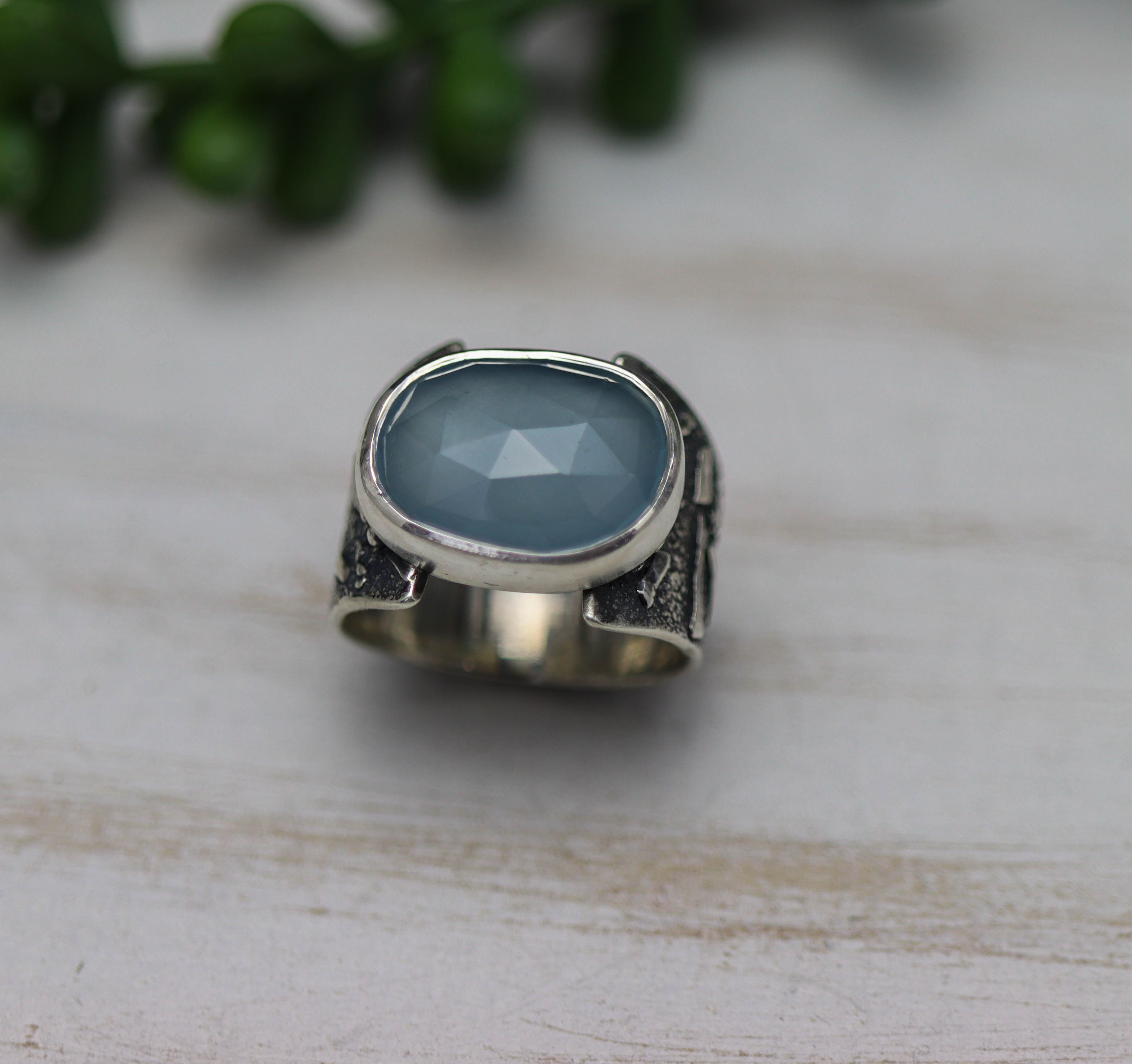 Aqua Chalcedony Sterling Silver Wide Band Ring