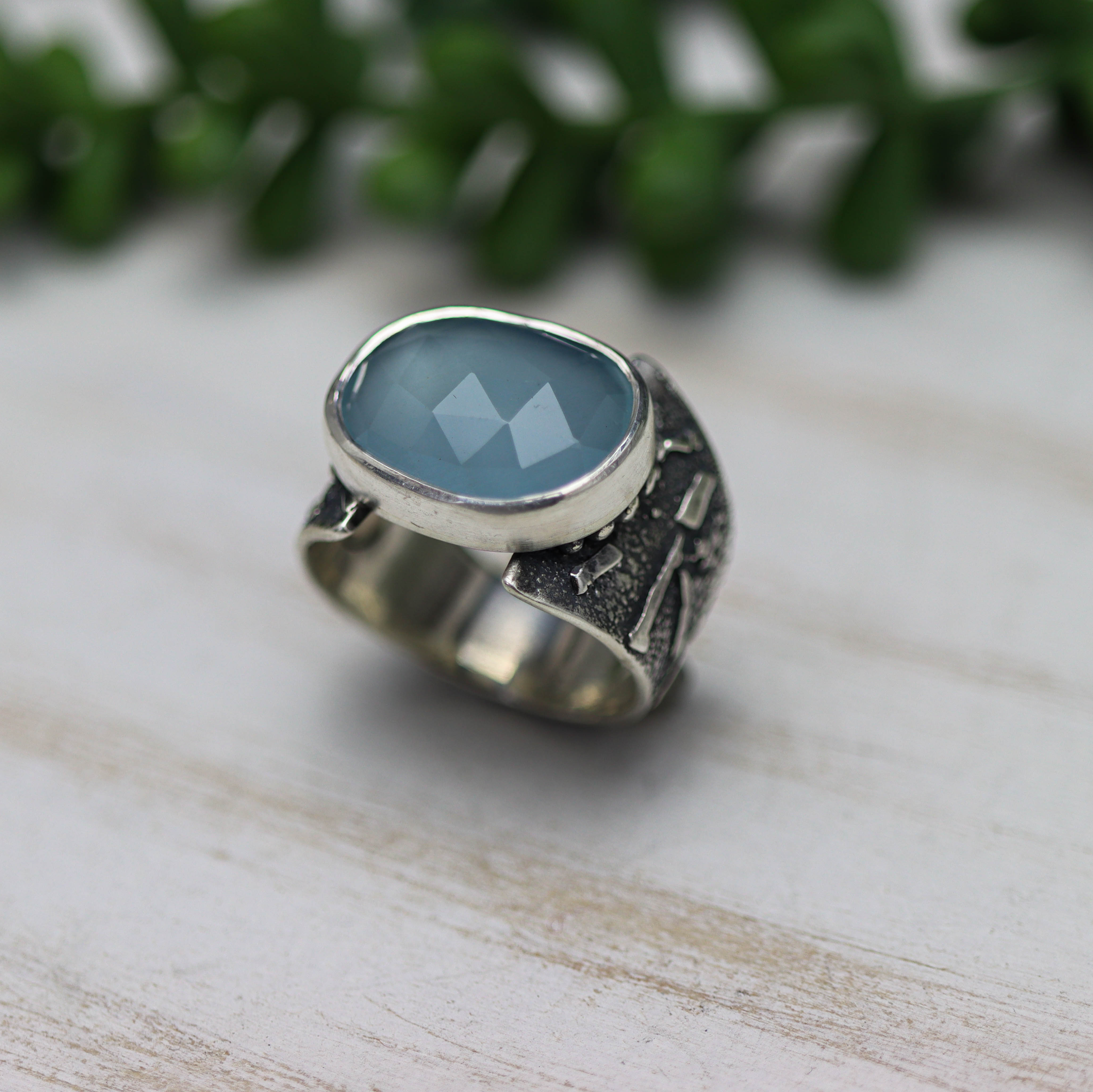 Aqua Chalcedony Sterling Silver Wide Band Ring