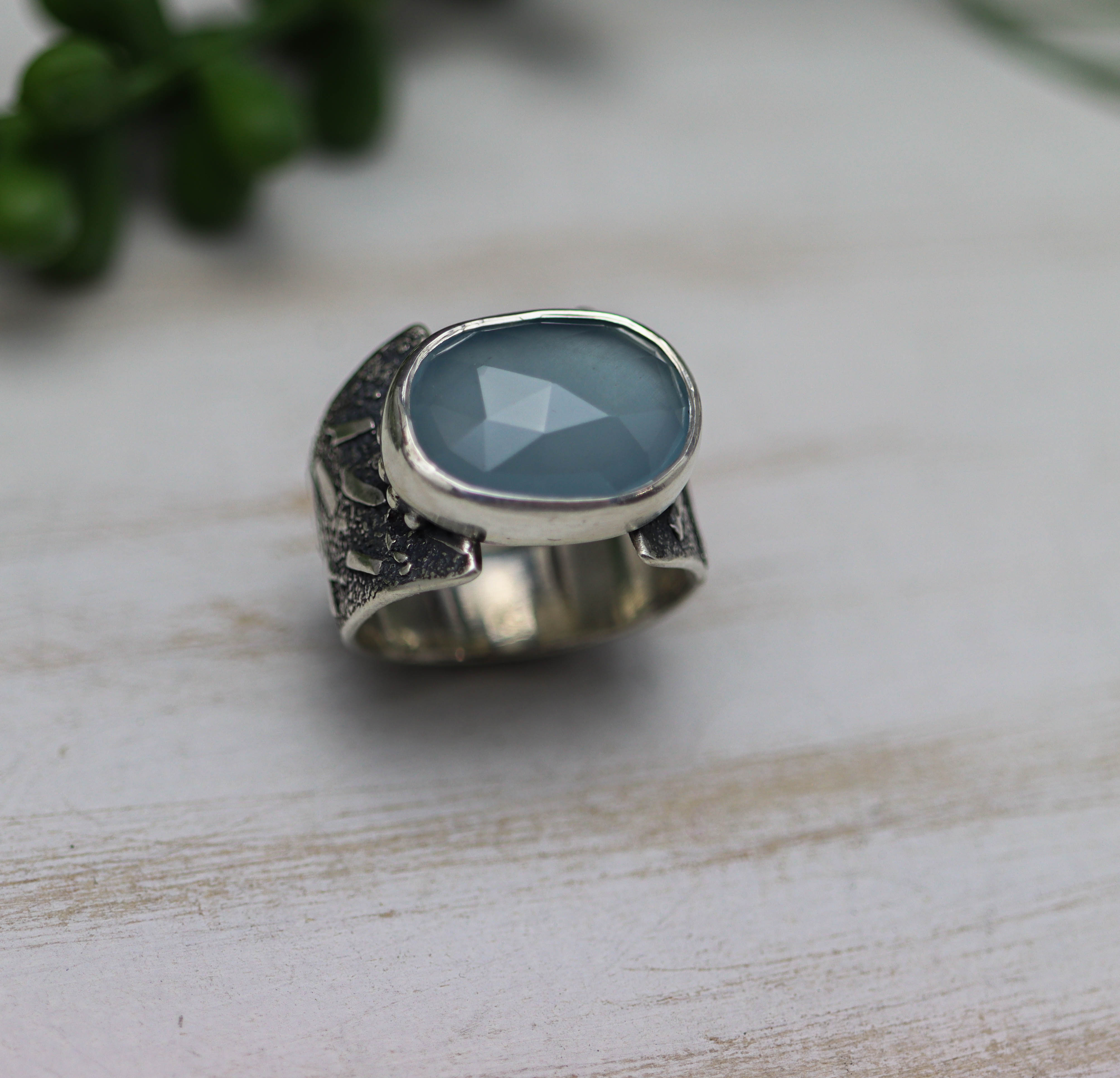 Aqua Chalcedony Sterling Silver Wide Band Ring