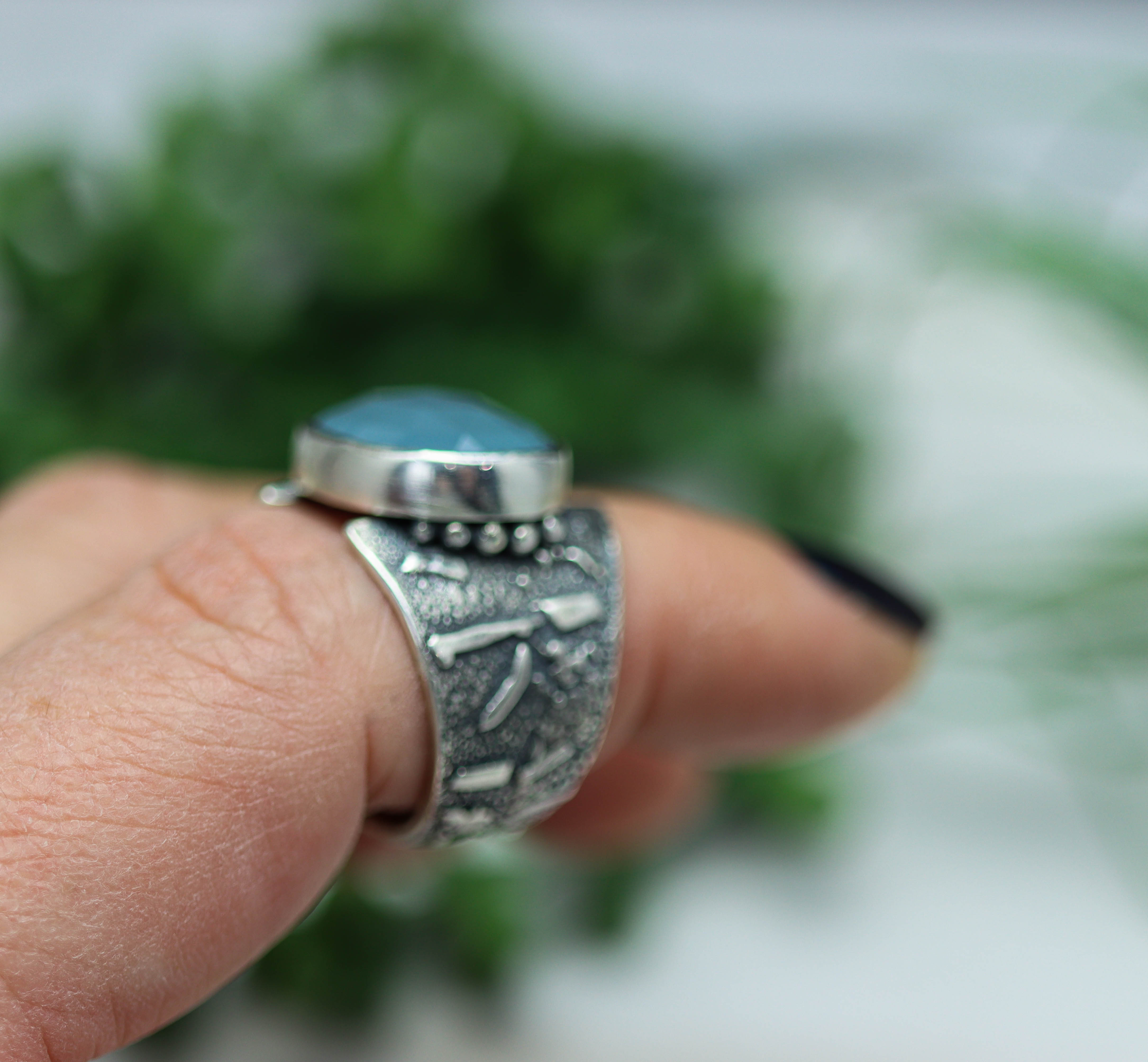 Aqua Chalcedony Sterling Silver Wide Band Ring