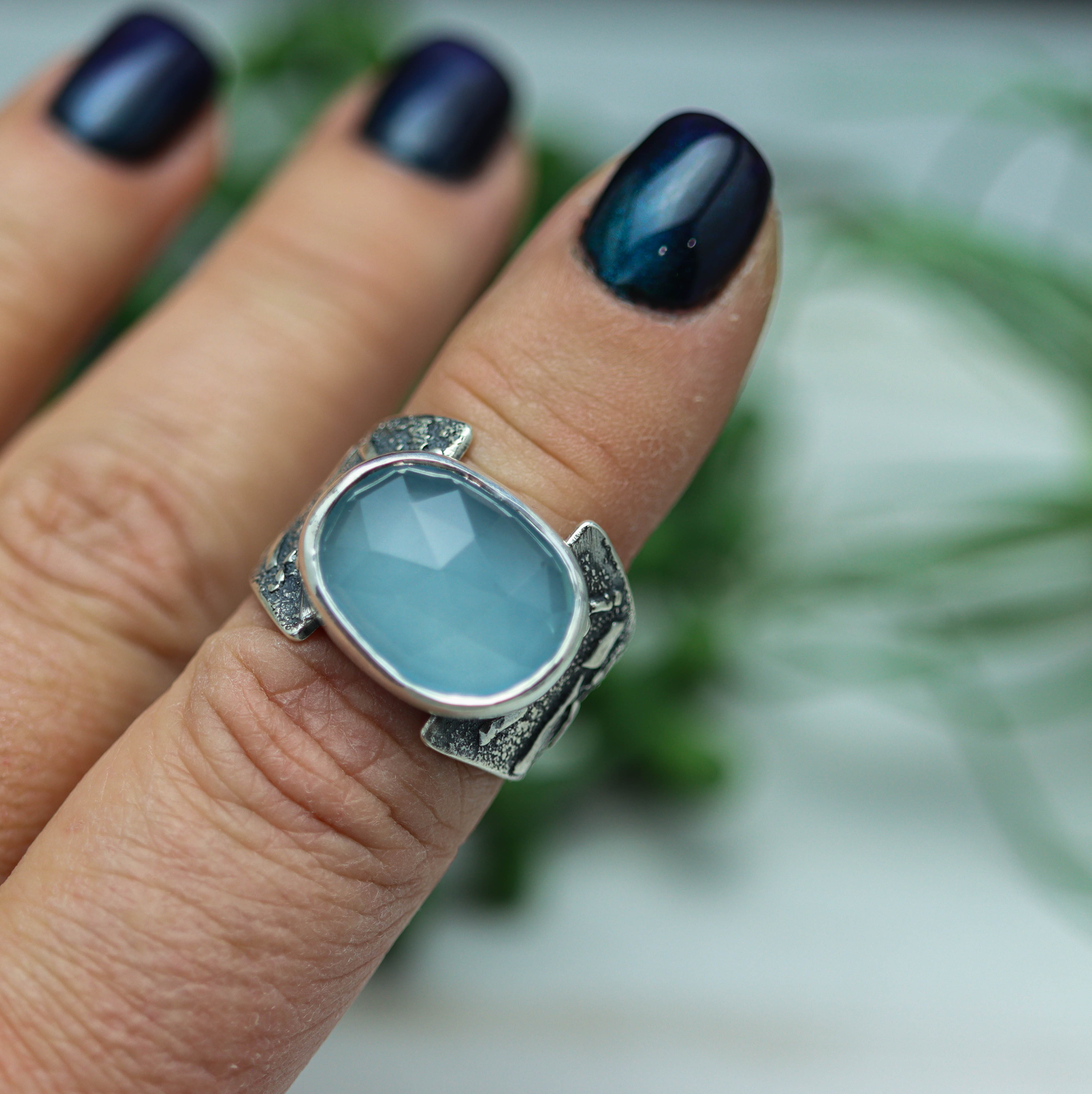 Aqua Chalcedony Sterling Silver Wide Band Ring