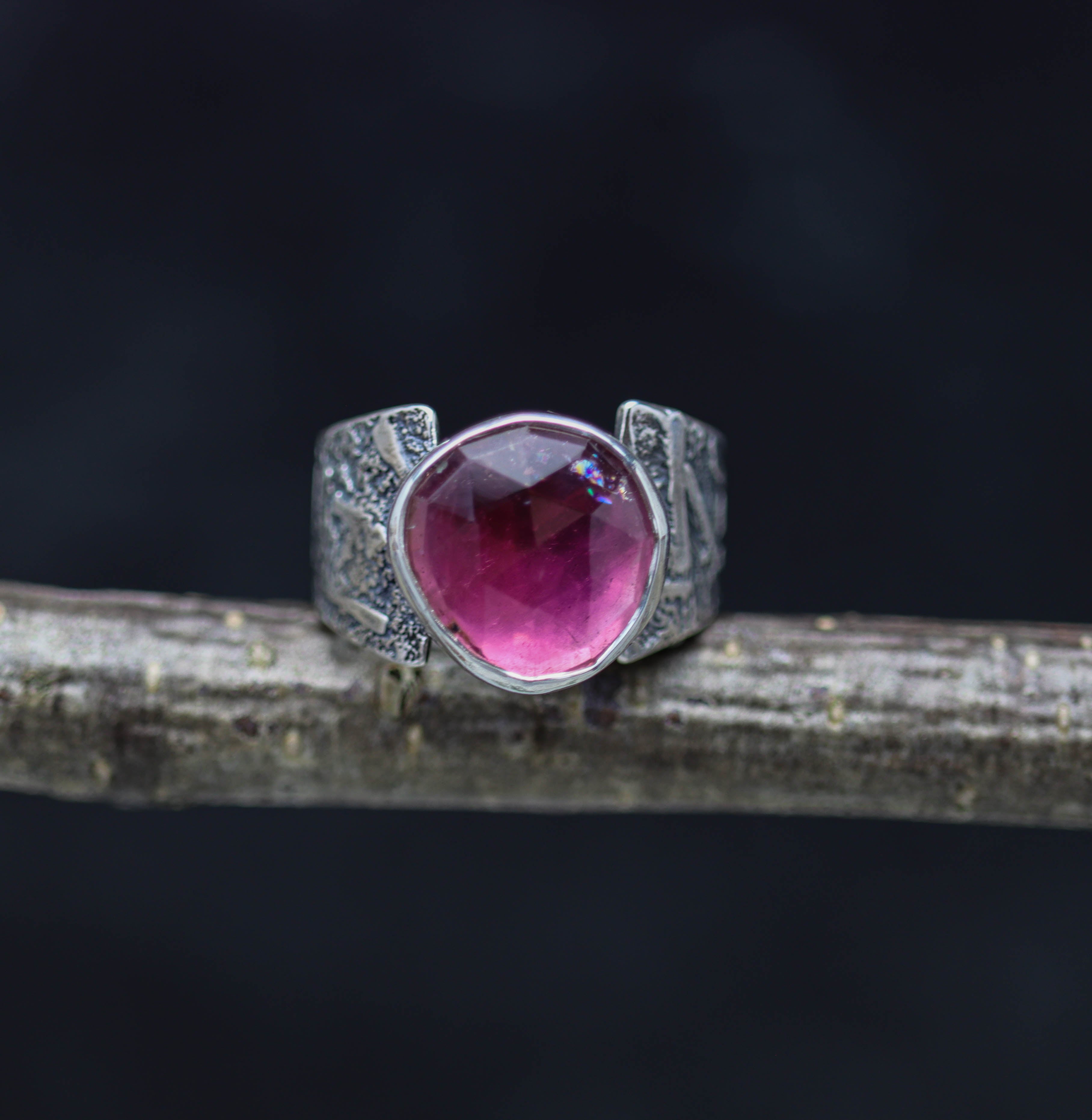 Pink Tourmaline Sterling Silver Wide Band Ring