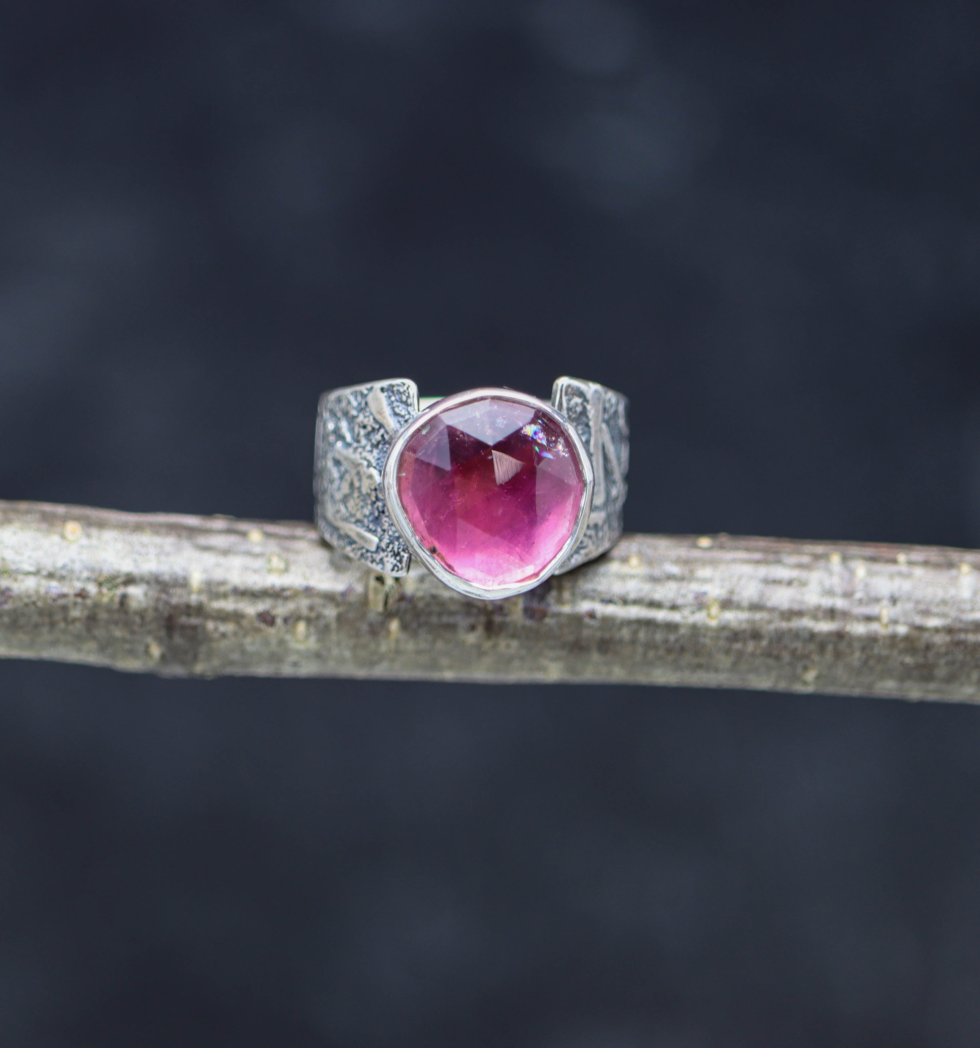 Pink Tourmaline Sterling Silver Wide Band Ring