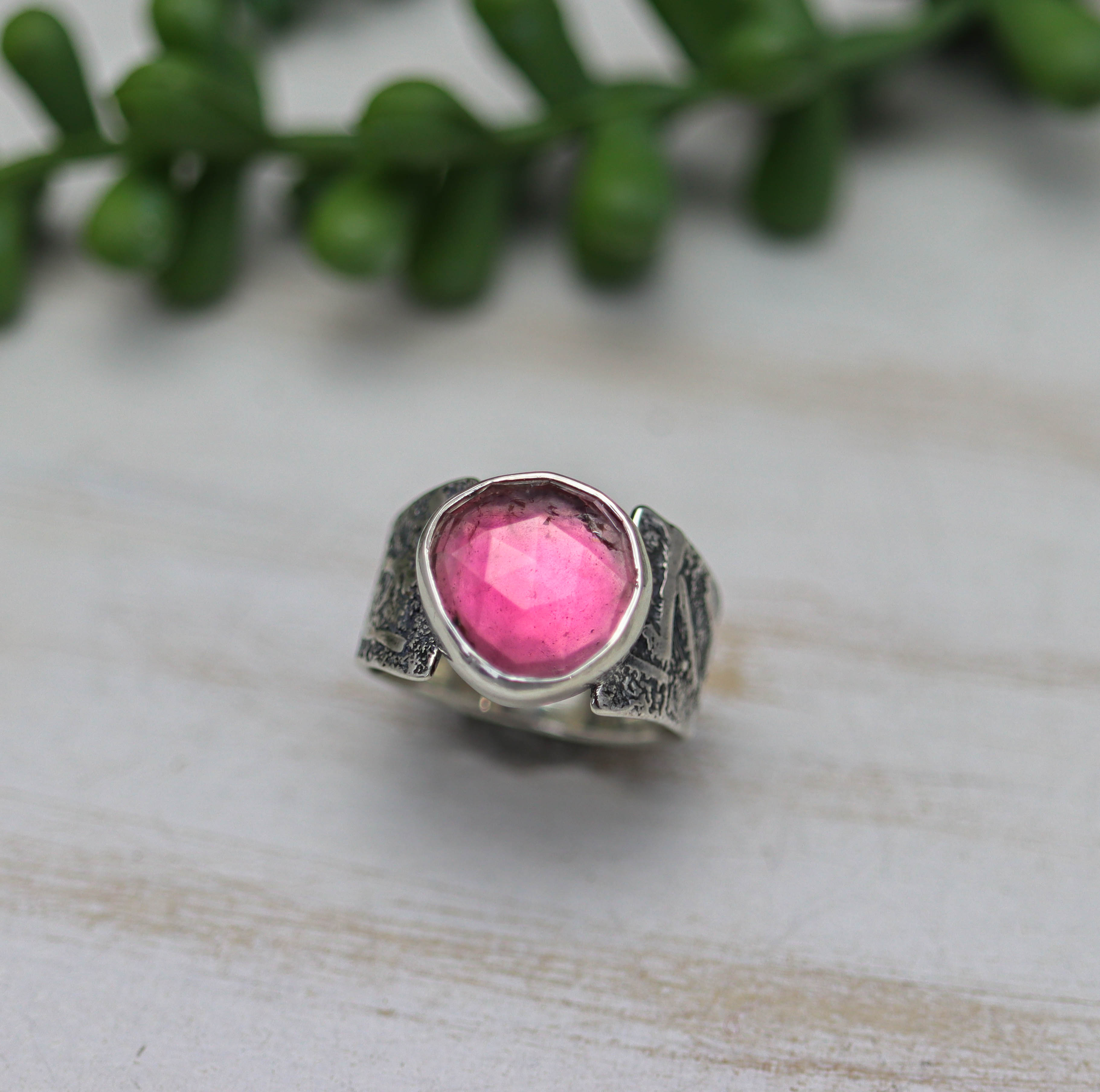 Pink Tourmaline Sterling Silver Wide Band Ring