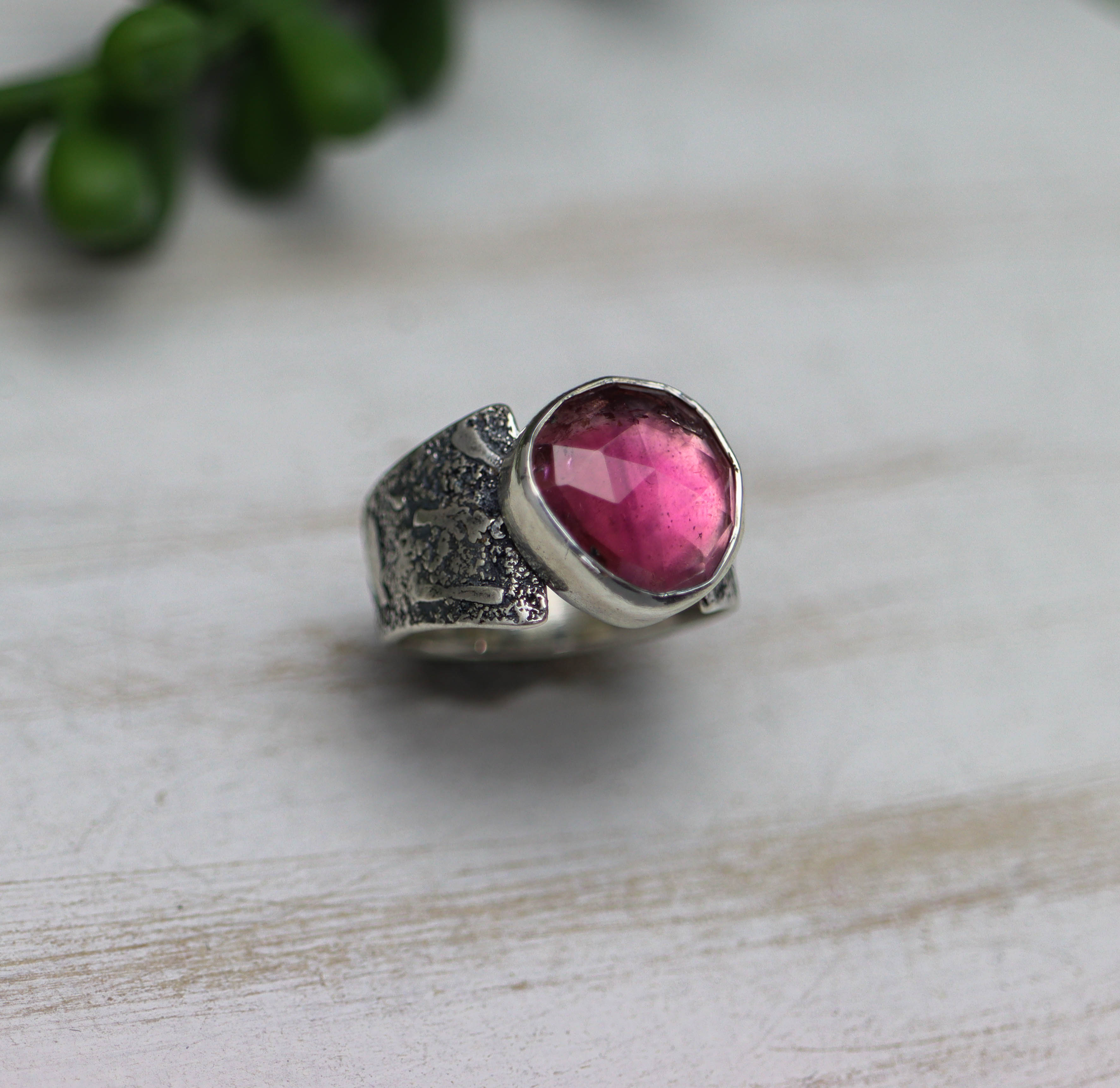 Pink Tourmaline Sterling Silver Wide Band Ring
