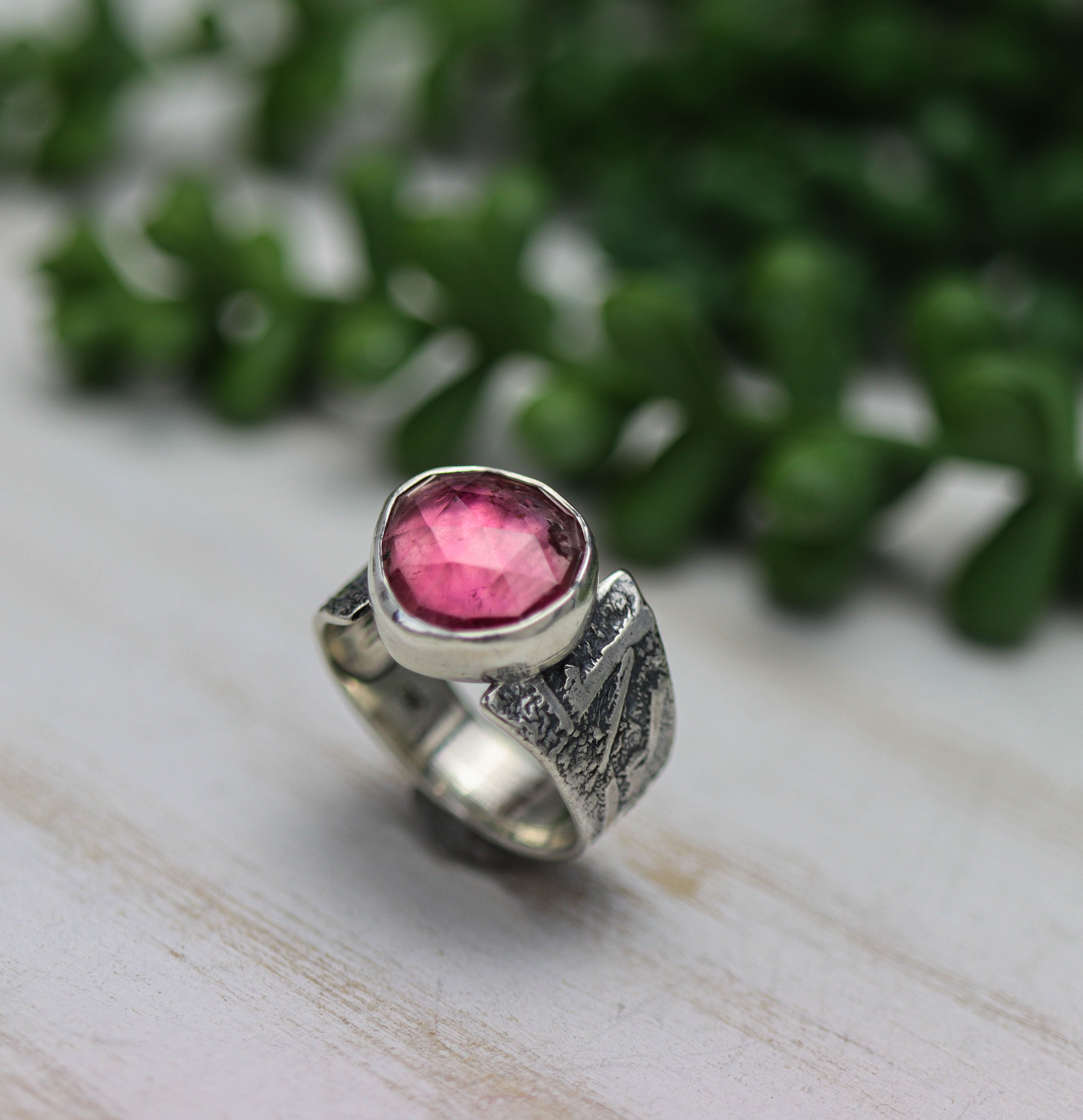 Pink Tourmaline Sterling Silver Wide Band Ring