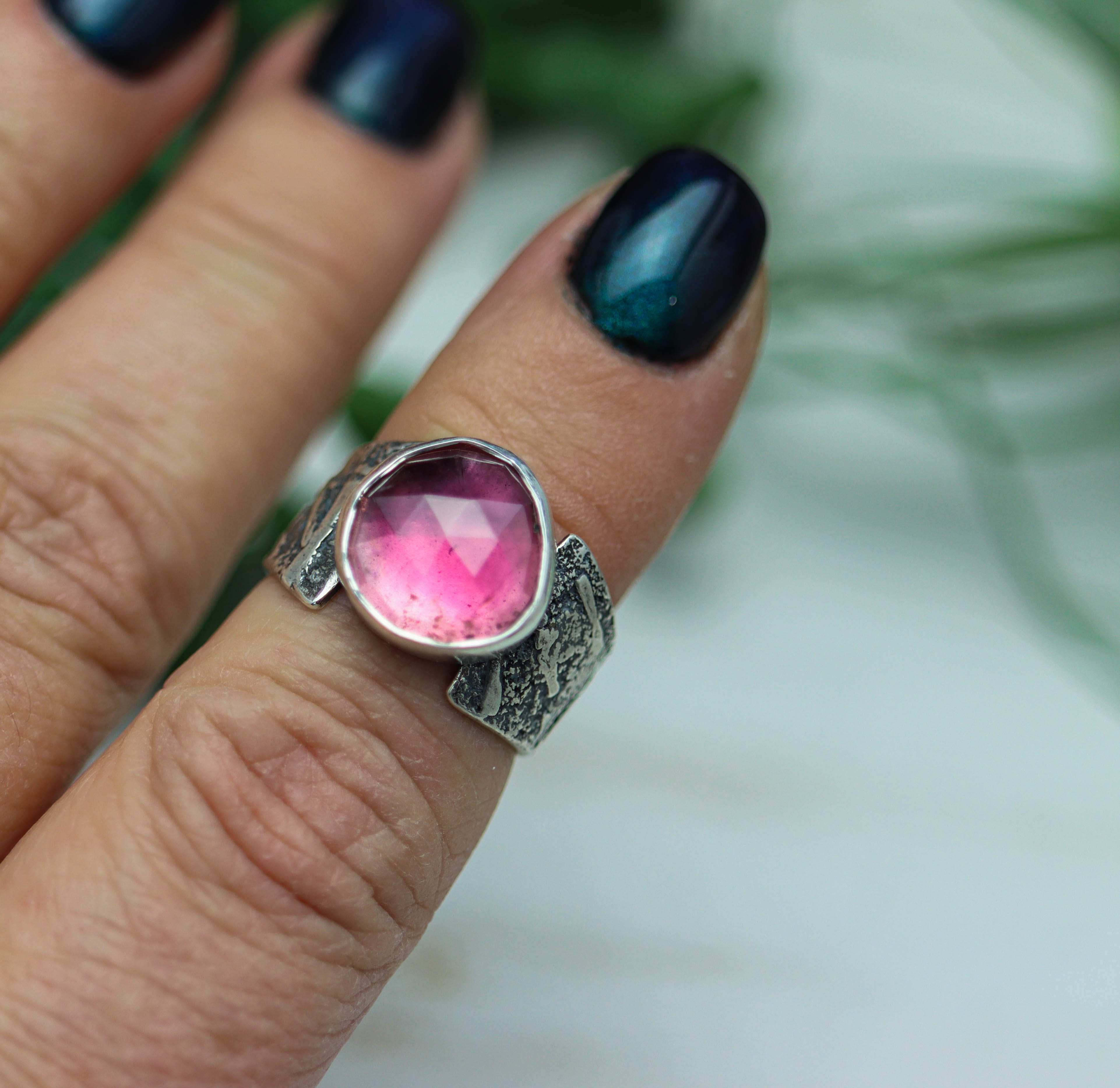 Pink Tourmaline Sterling Silver Wide Band Ring
